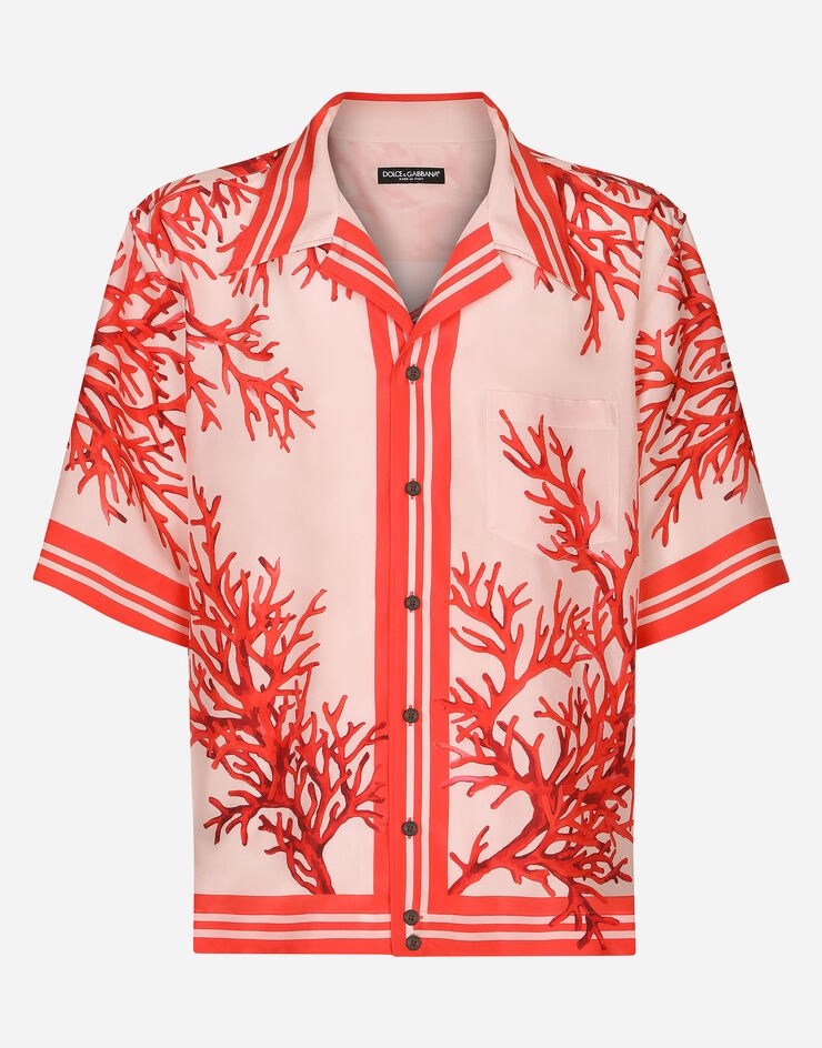 Silk habotai Hawaiian shirt with coral print - 1