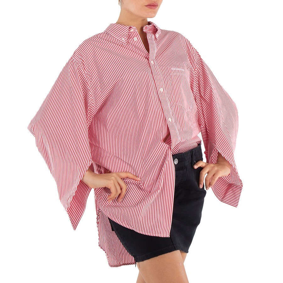 Balenciaga Ladies Red / White Embroidered-Logo Shirt - 2