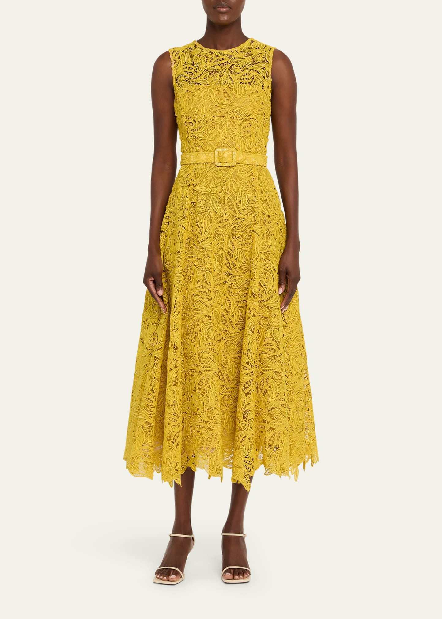 Sleeveless Feather Scroll Guipure Midi Day Dress With Belt - 2
