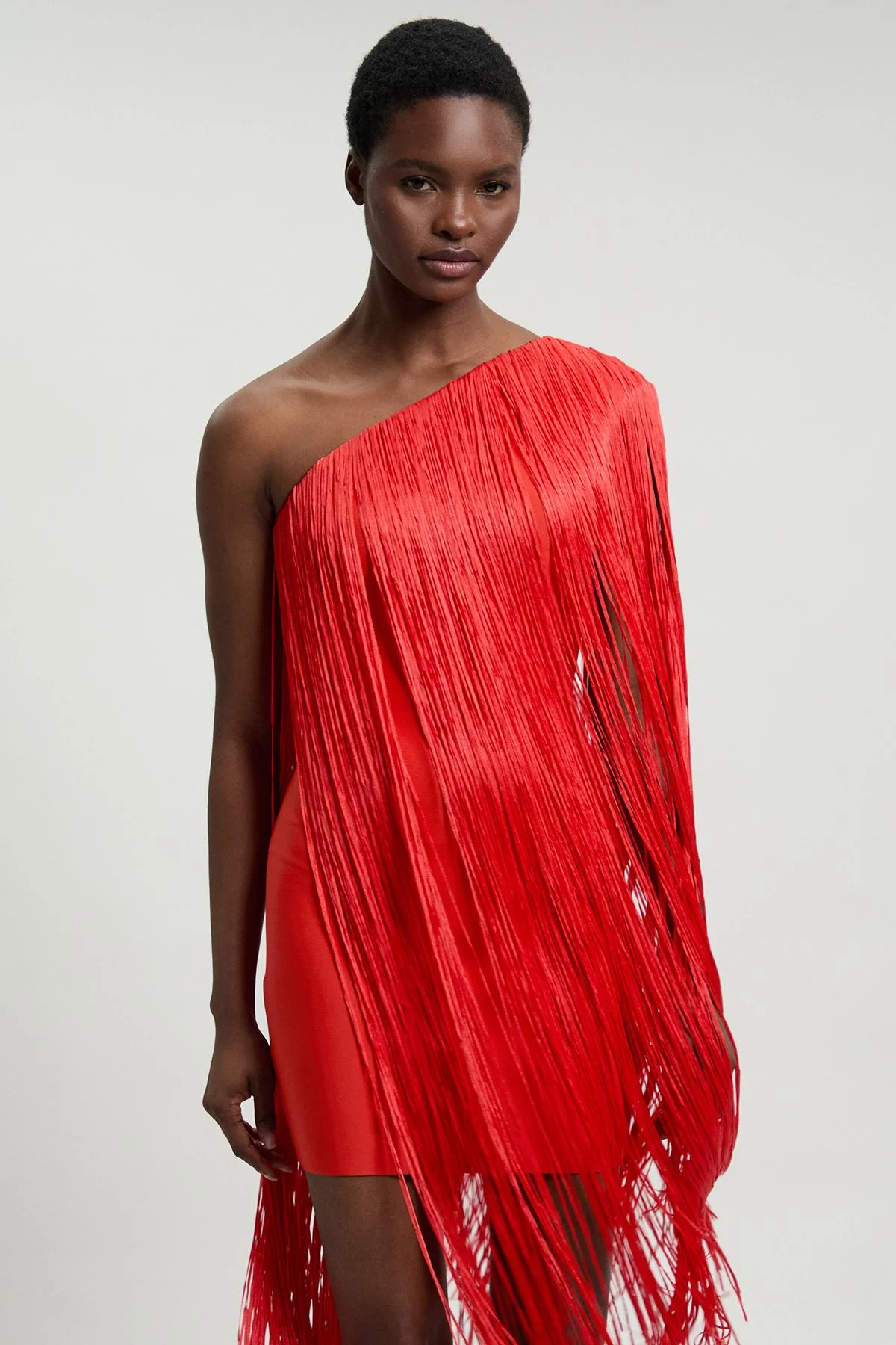 Figure Form Bandage One Shoulder Fringe Mini Knit Dress - 1