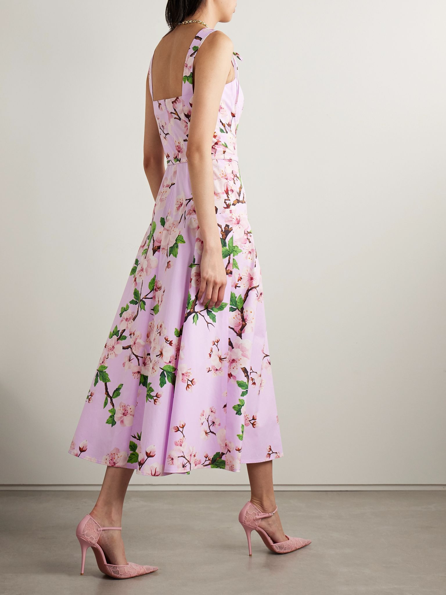 Belted bow-detailed floral-print stretch-cotton poplin midi dress Pink - 3