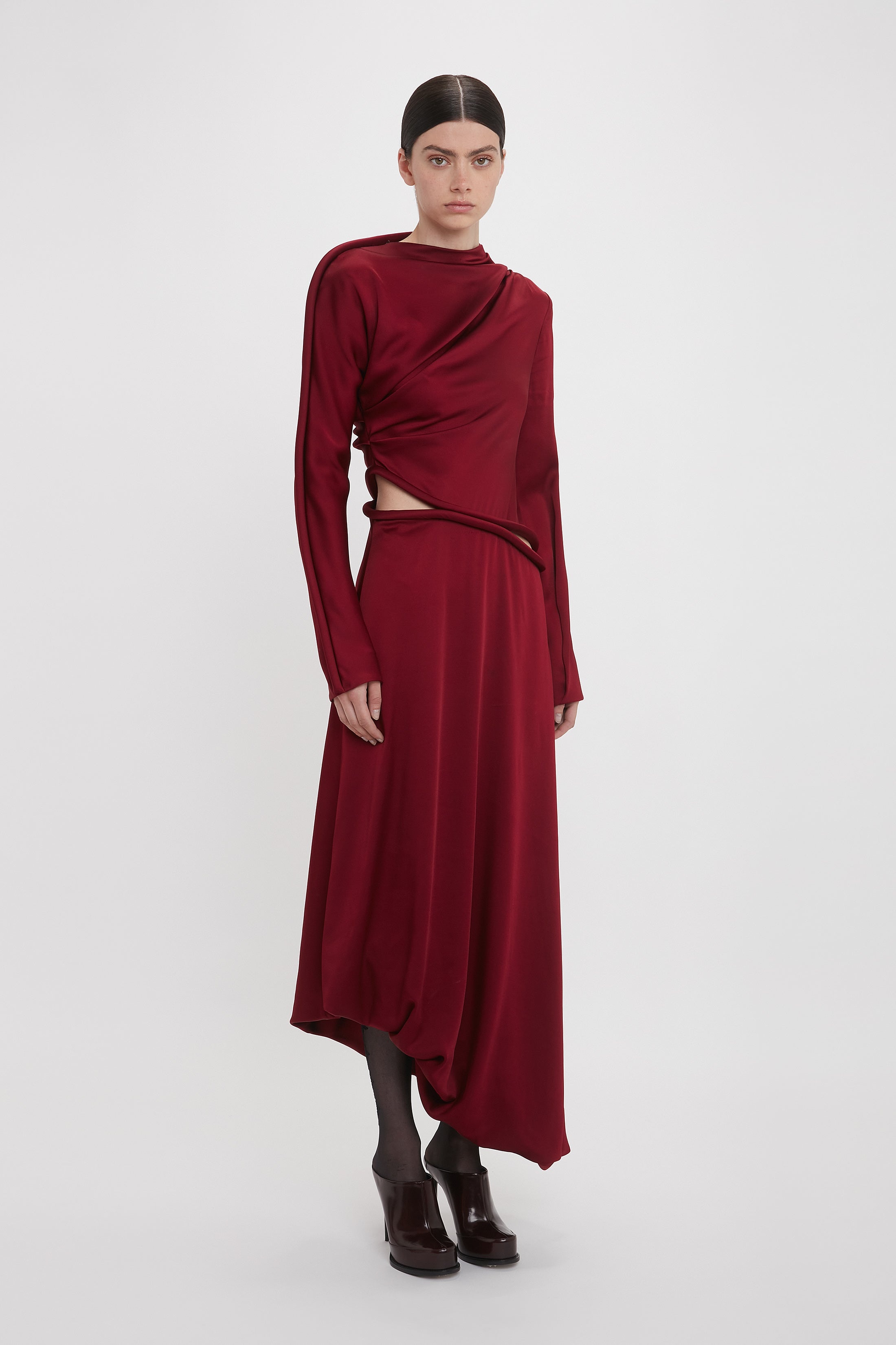 Padded Tube Detail Midi Dress In Oxblood - 3