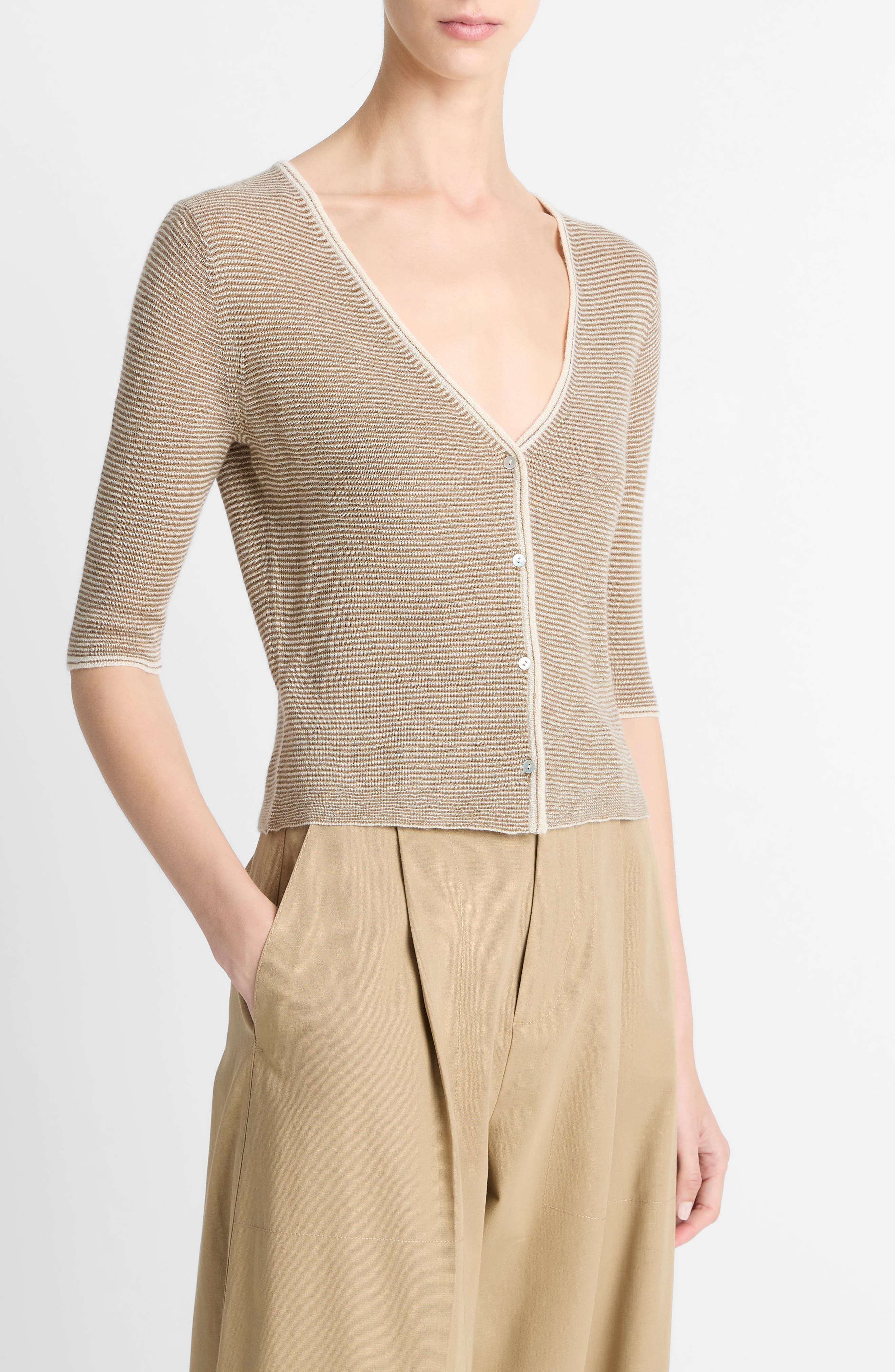 Vince Microstripe V-Neck Cashmere & Silk Cardigan in Off White/tapenade at Nordstrom - 3