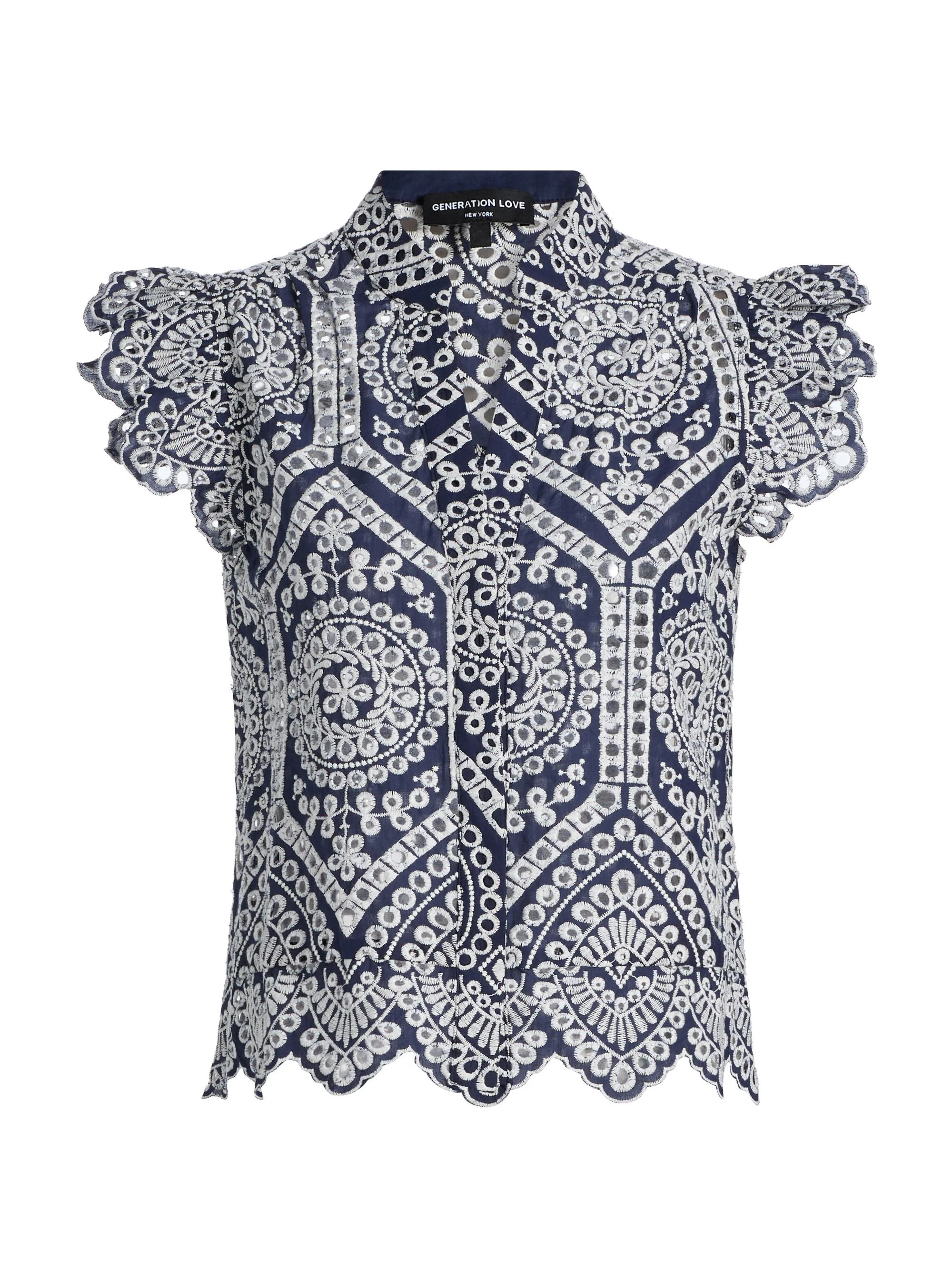 Women's Romy Eyelet-Embroidered Cotton Shirt - Navy White - 1