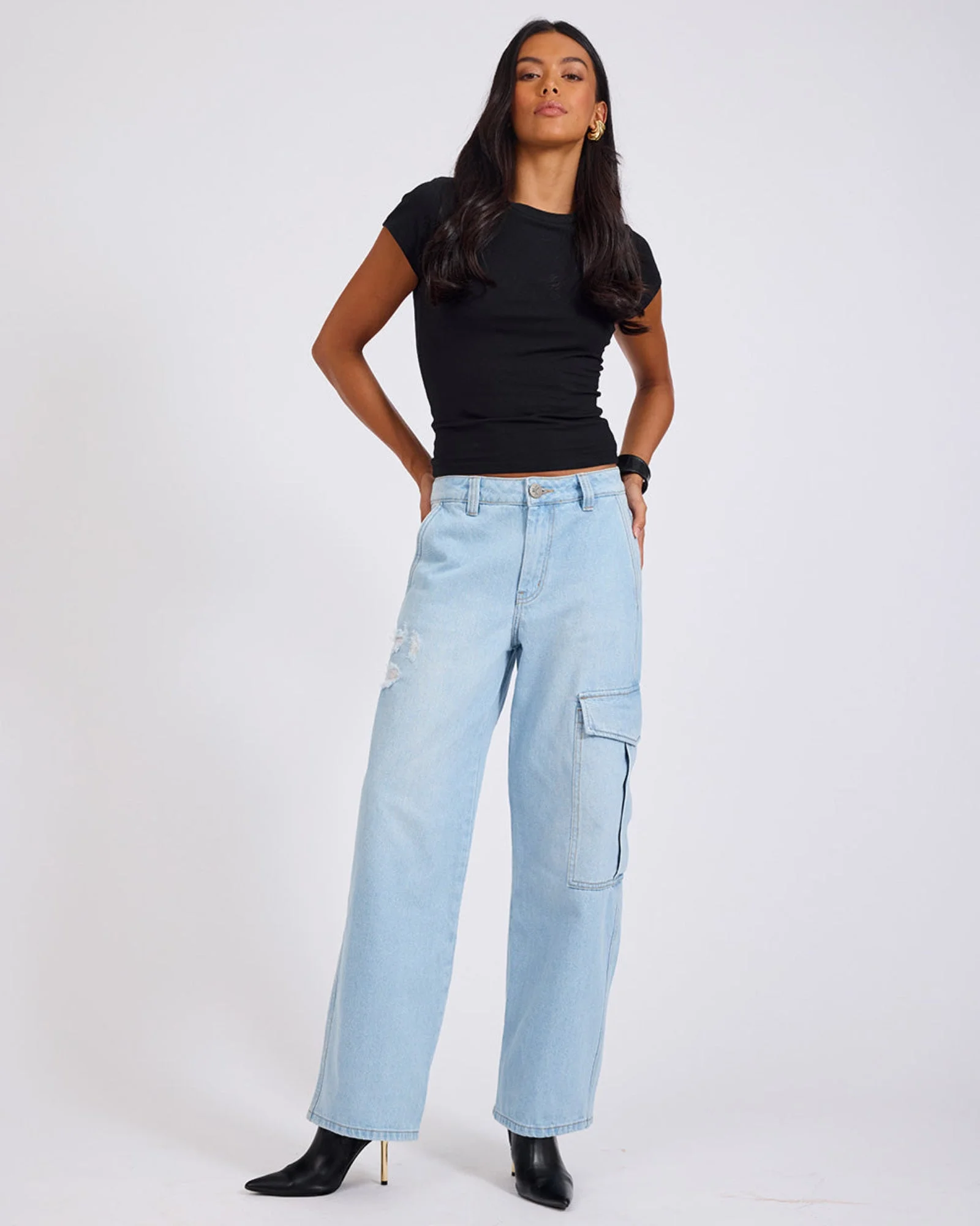 New Fiction Low Waist Wide Leg Cargo Denim Jeans - Cyber Blue - 1