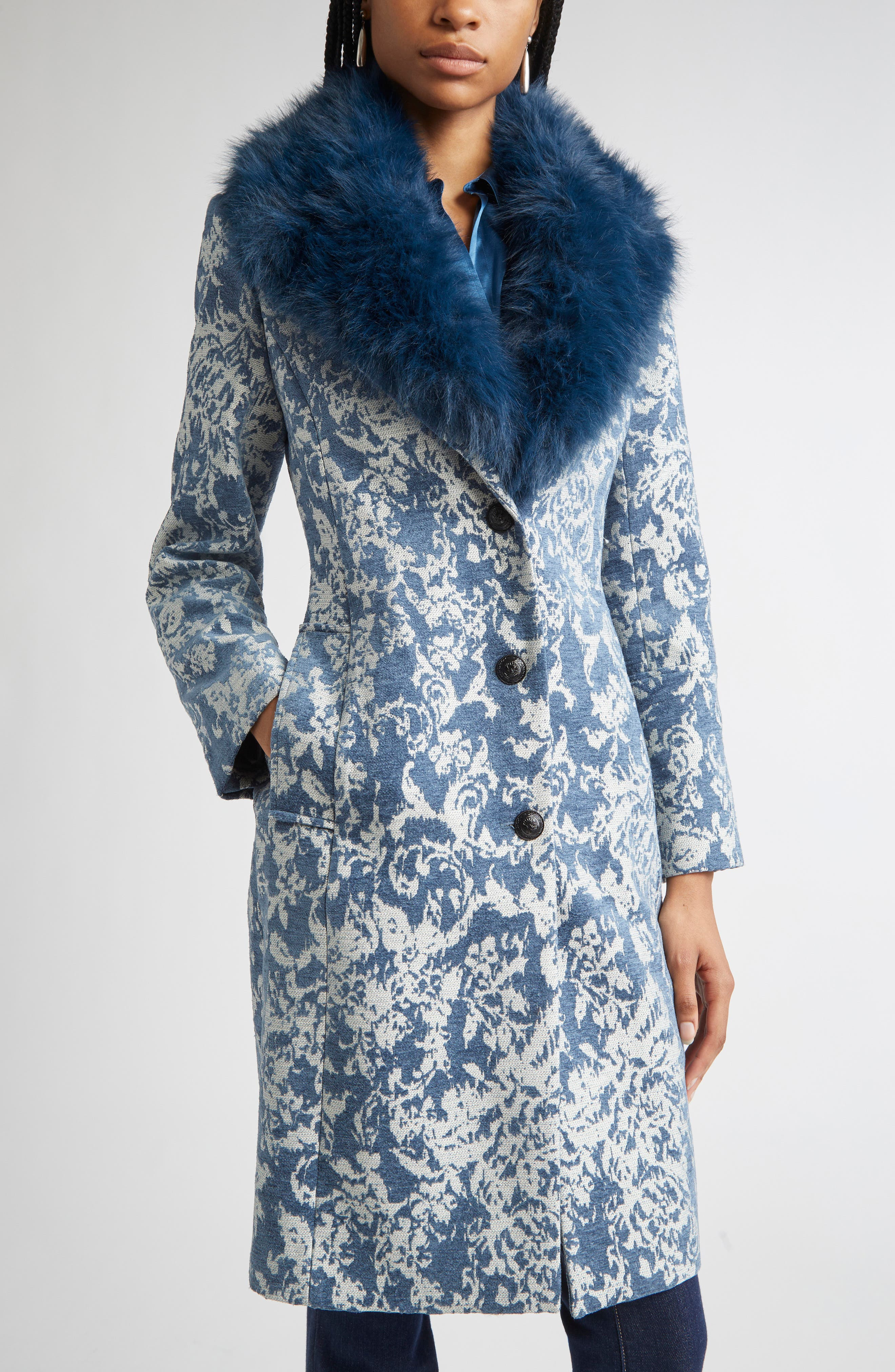 L'AGENCE Laney Metallic Faux Fur Collar Coat in Dark Blue Stone Jacquard at Nordstrom - 5