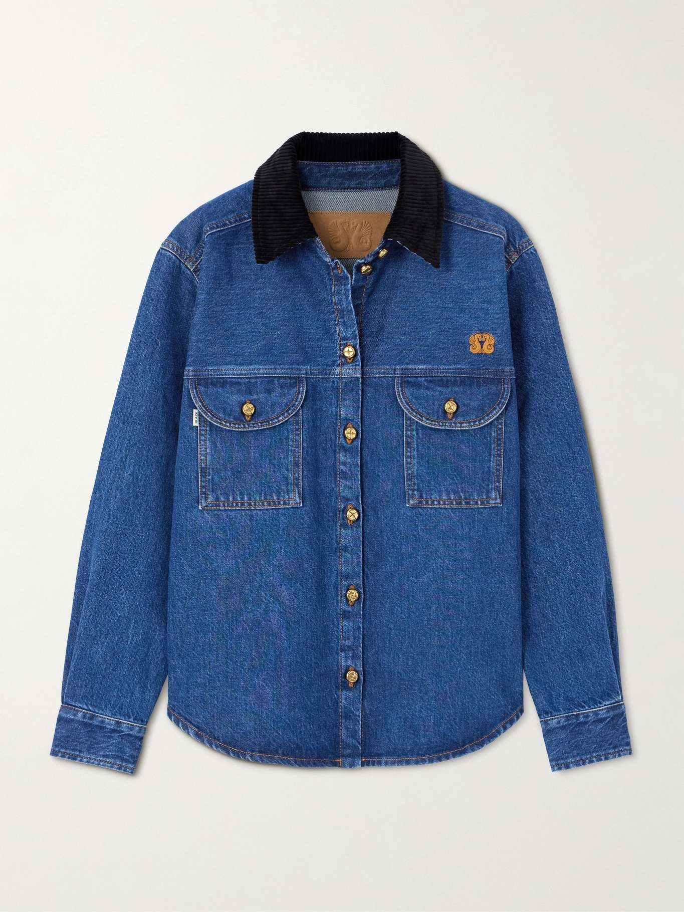 Nariida Senner corduroy-trimmed embroidered denim shirt Mid denim - 1