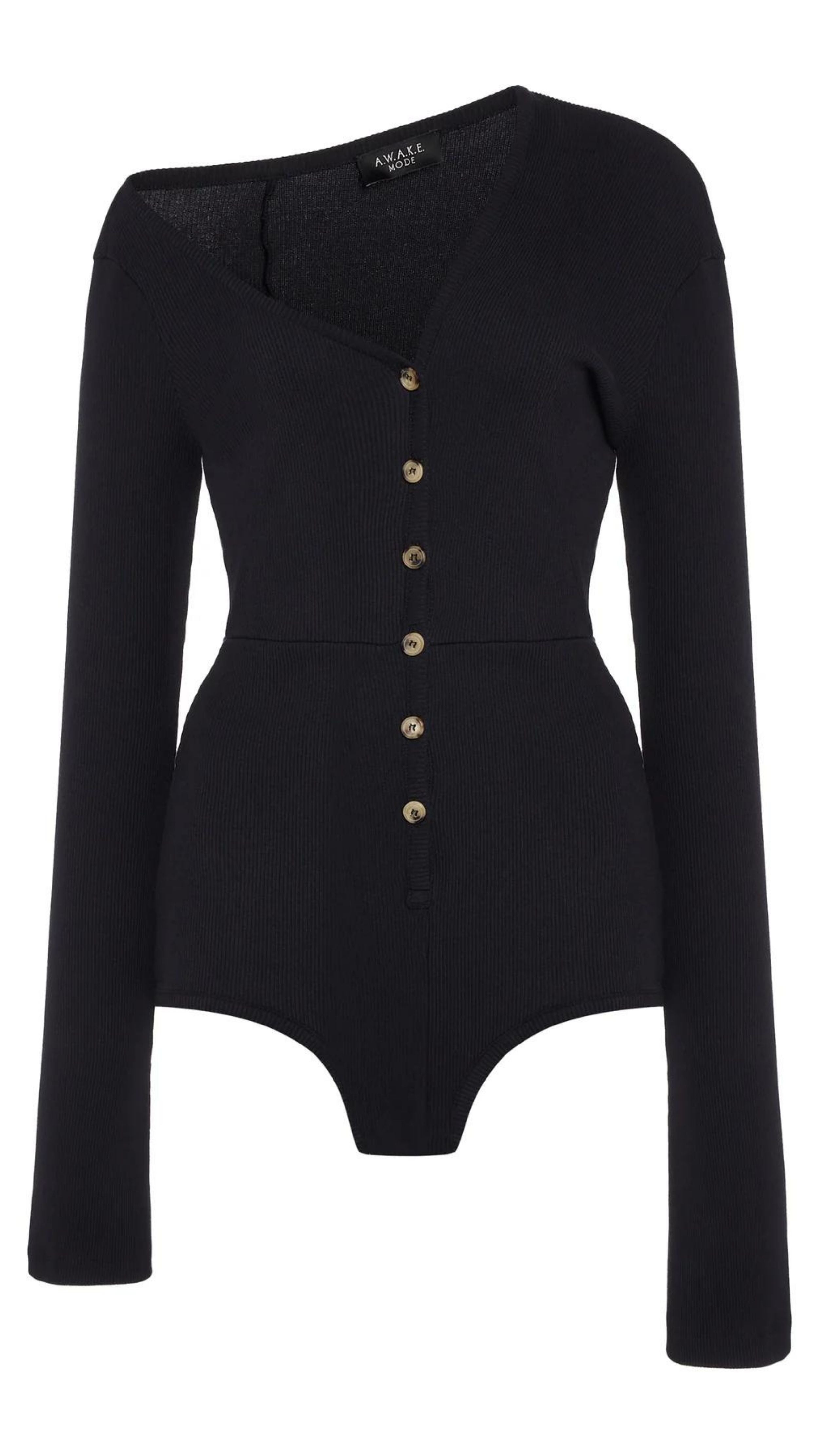 Body Suit with Asymmetrical Collar in Black - 2