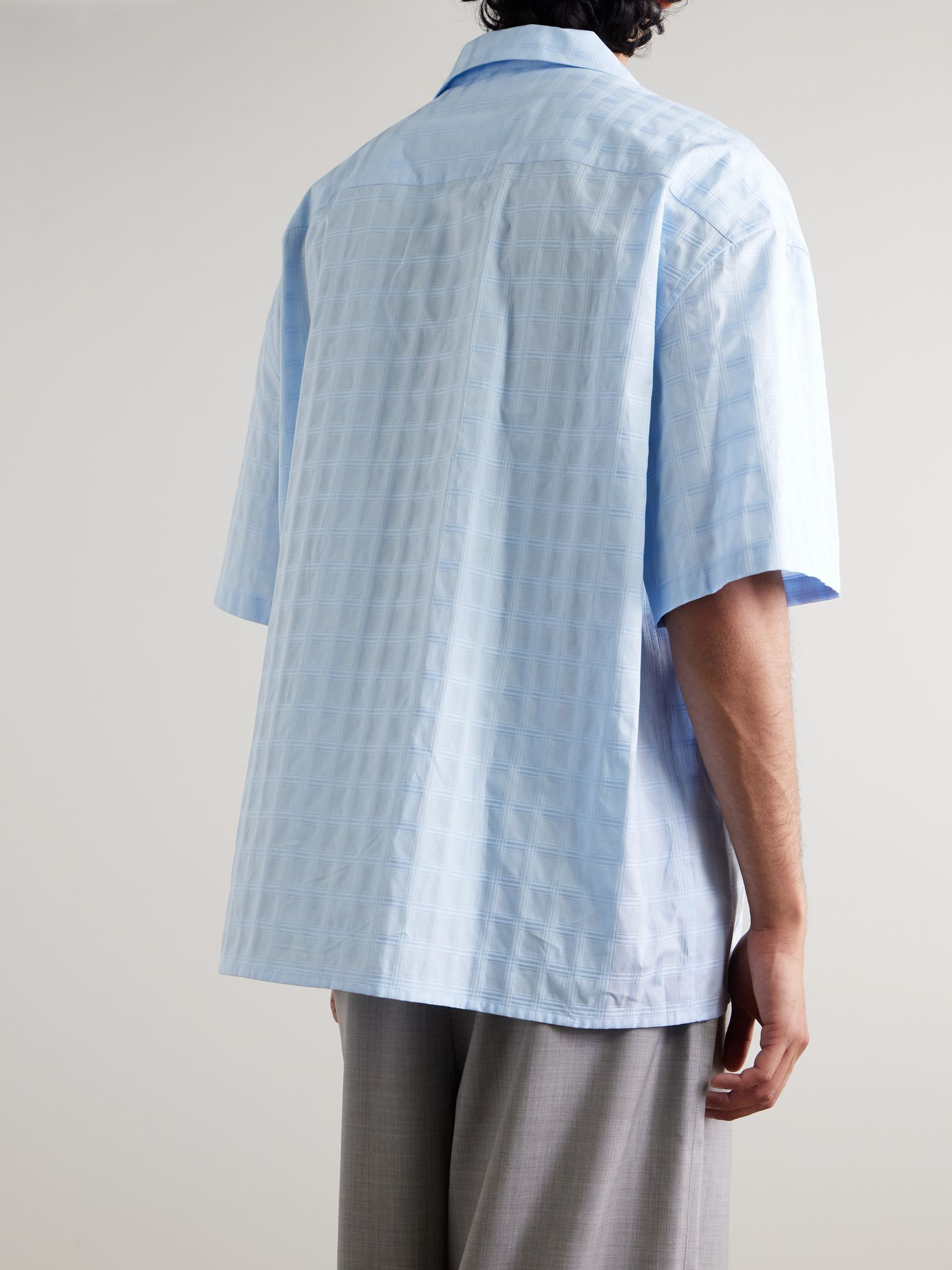 Camp-Collar Logo-Embroidered Checked Cotton-Jacquard Shirt Light blue - 3