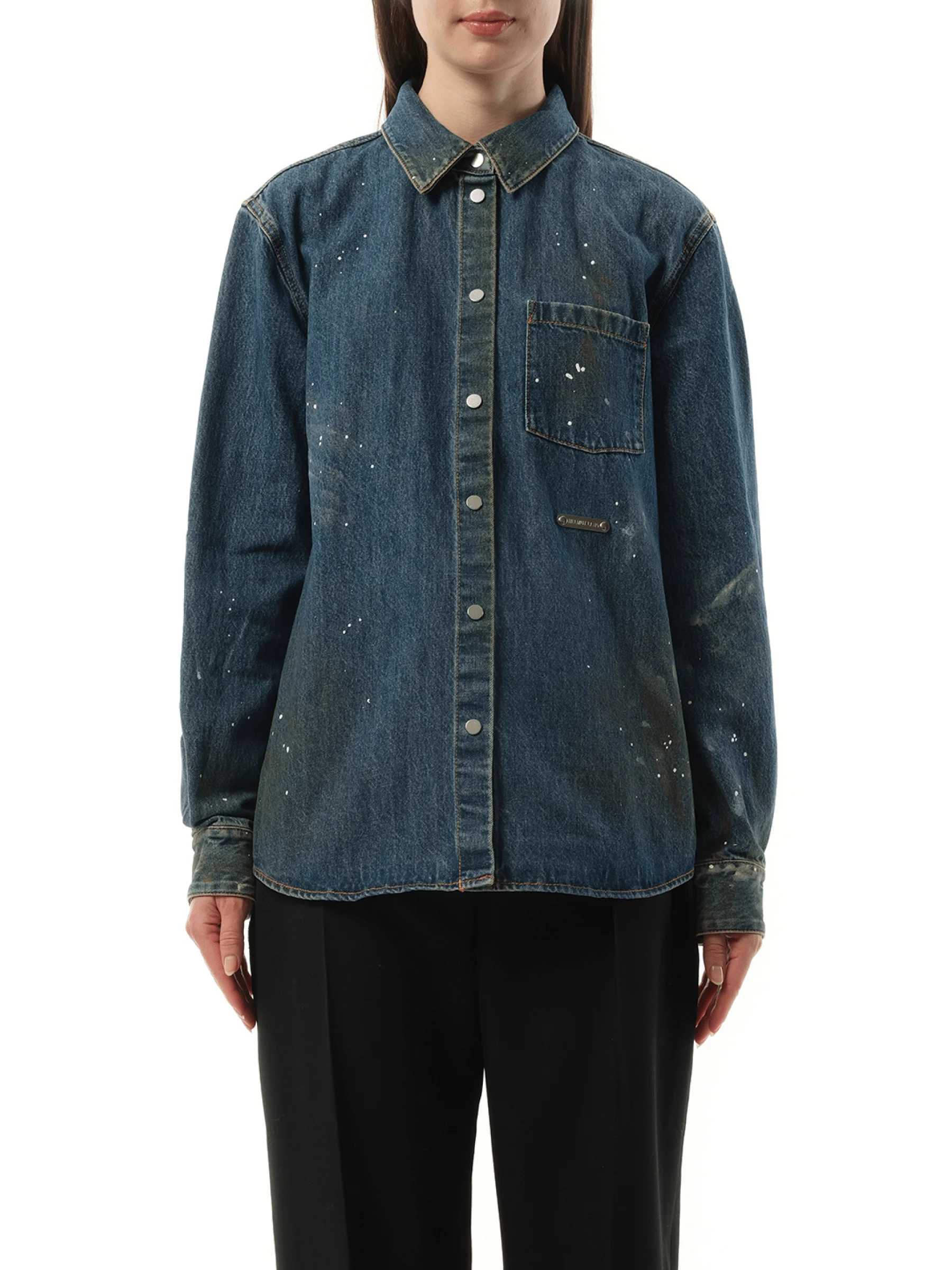 Women Painted Denim Shirt in Mid Indigo - 1