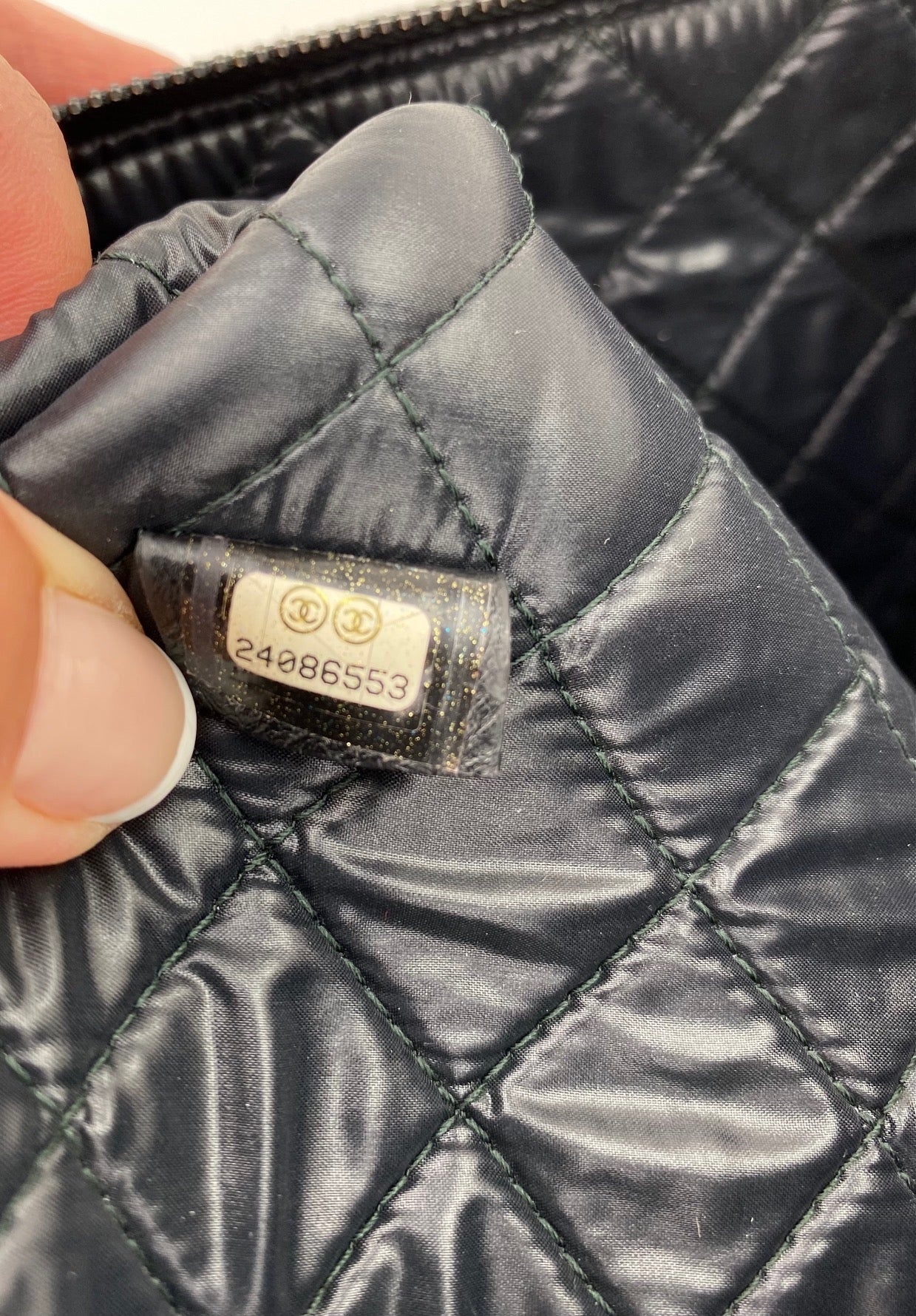 Chanel Quilted Lambskin Leather Black Blue Large Boy Zip Pouch Added Chain - 10
