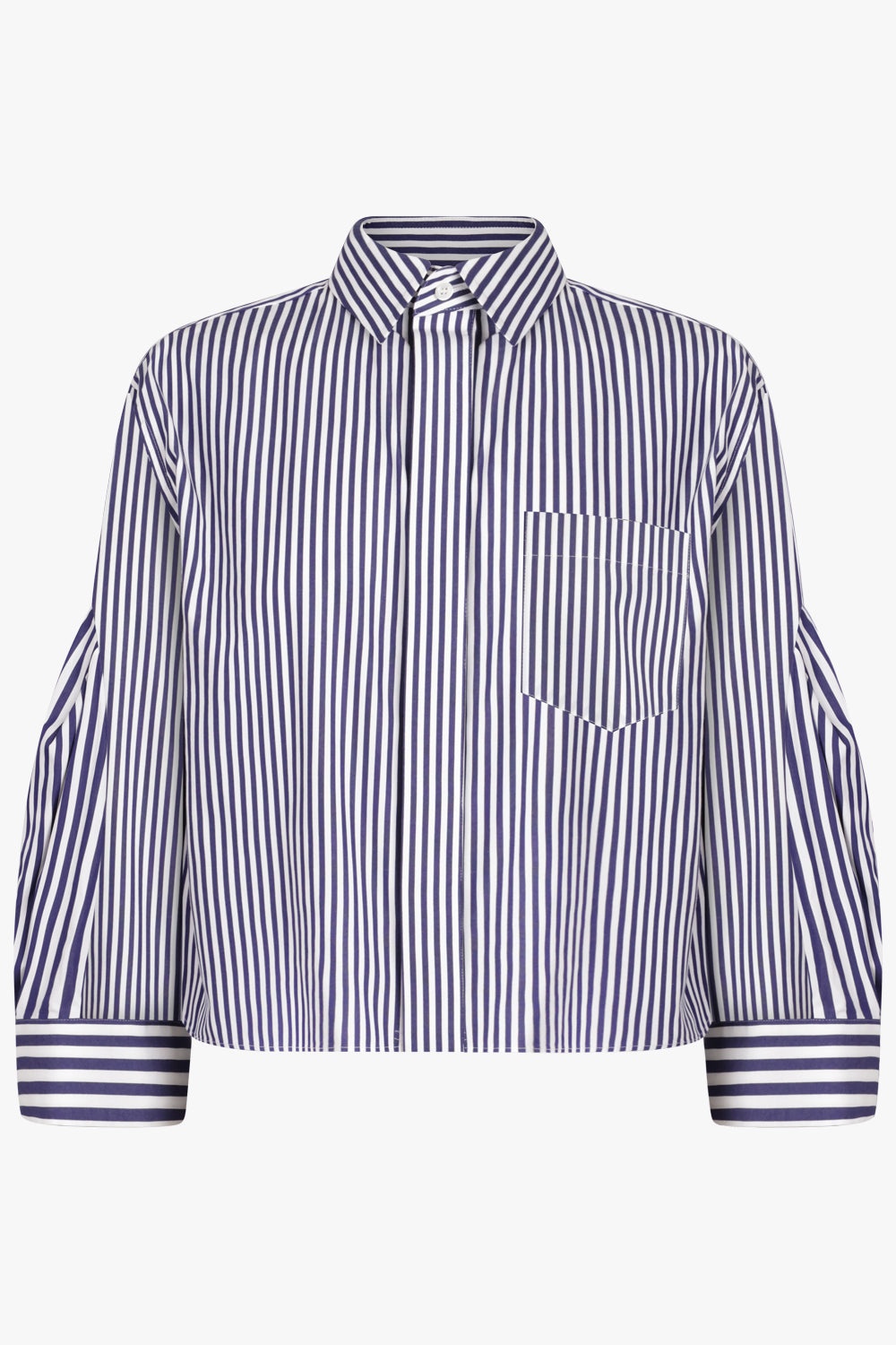 CROP STRIPE SHIRT WITH BALLOON SLEEVE DETAIL | NAVY/WHITE - 1