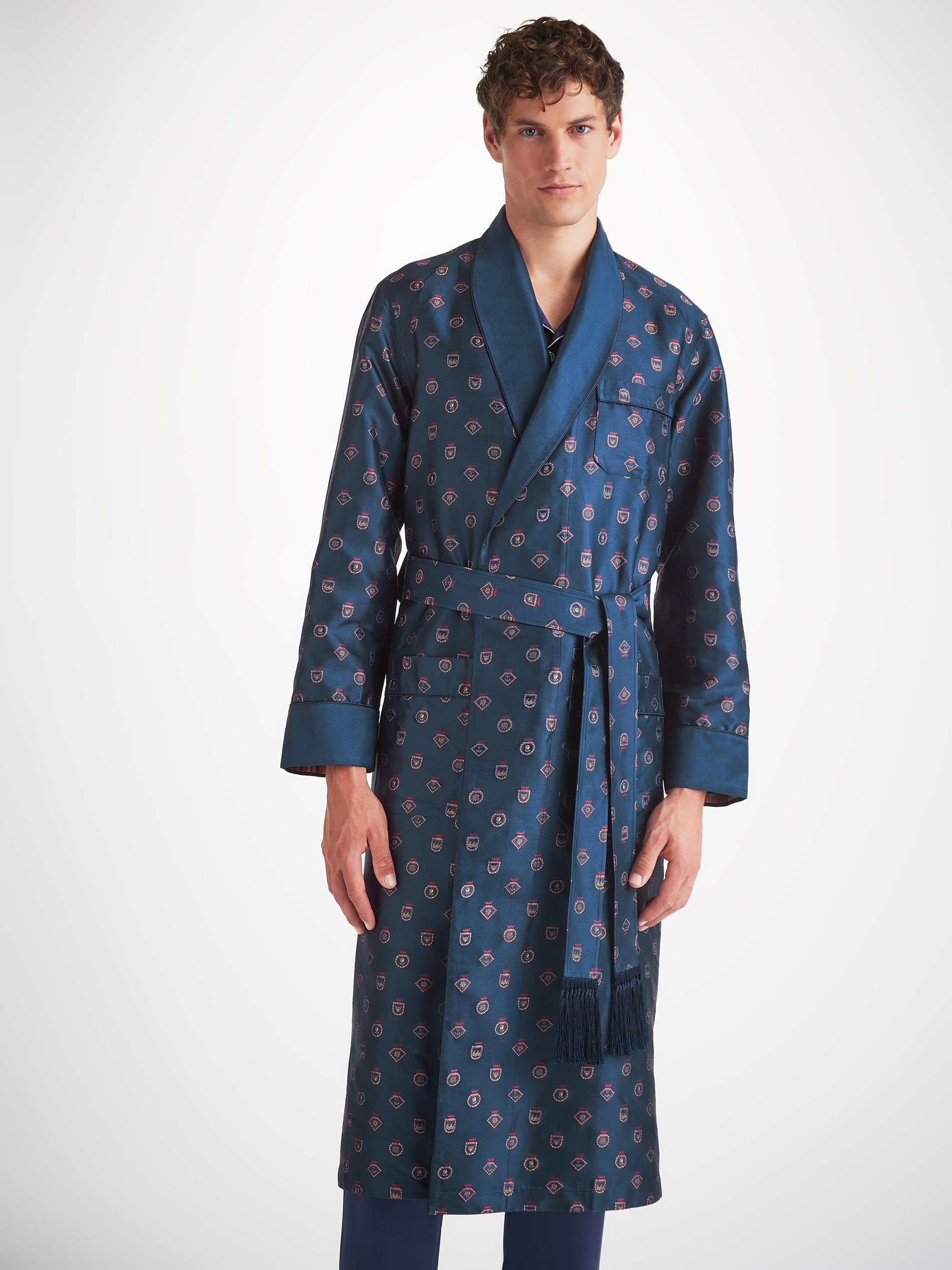 Men's Robe Silk Jacquard Navy Badge Pattern - 6