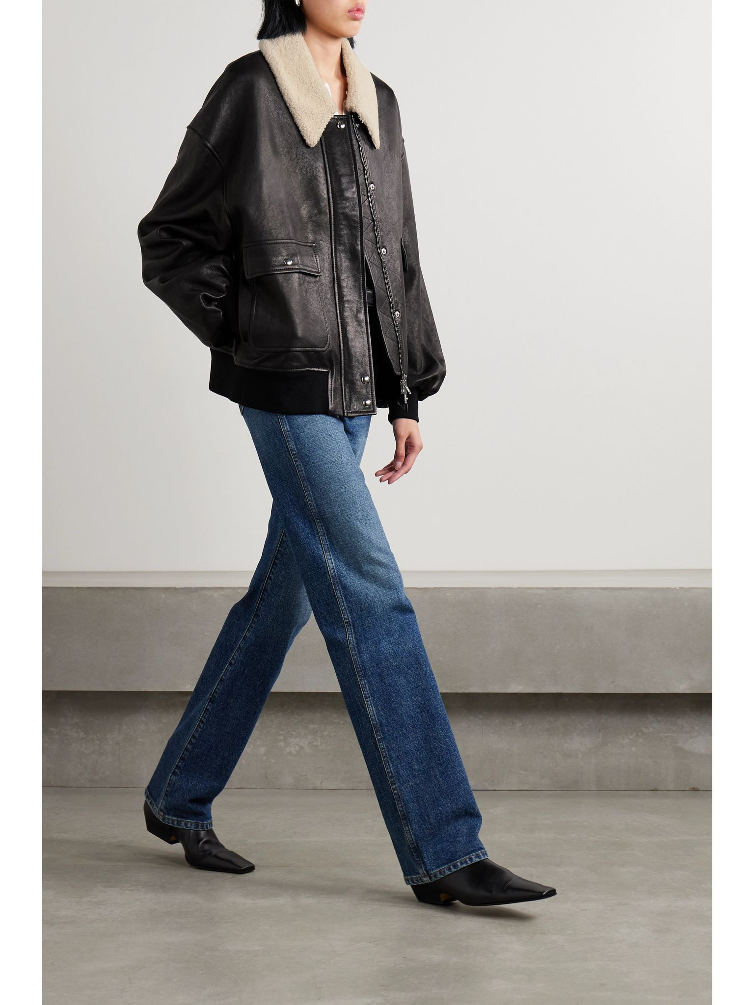 Shellar shearling-trimmed leather jacket Black - 2