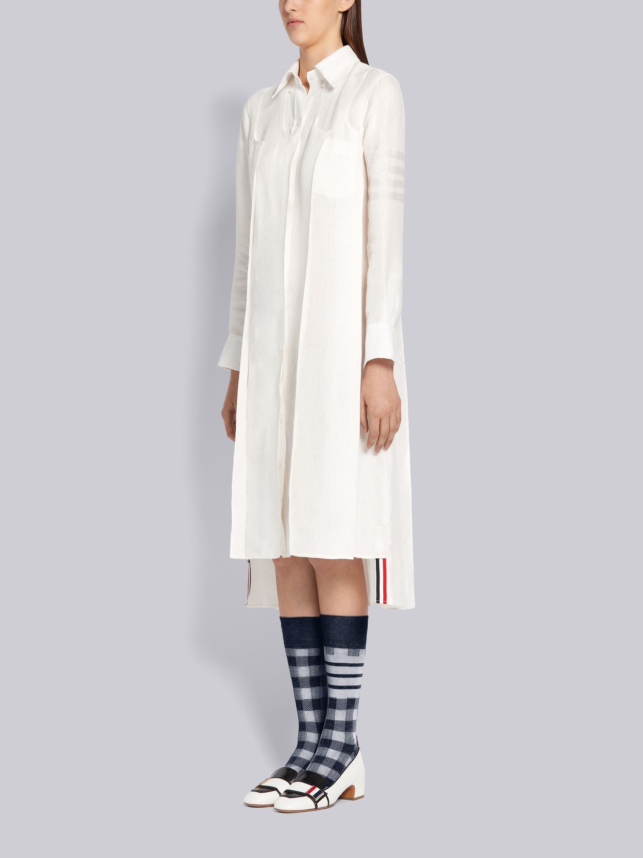 White Crispy Linen Inverted Pleat Below the Knee Tonal 4-Bar Dress - 2