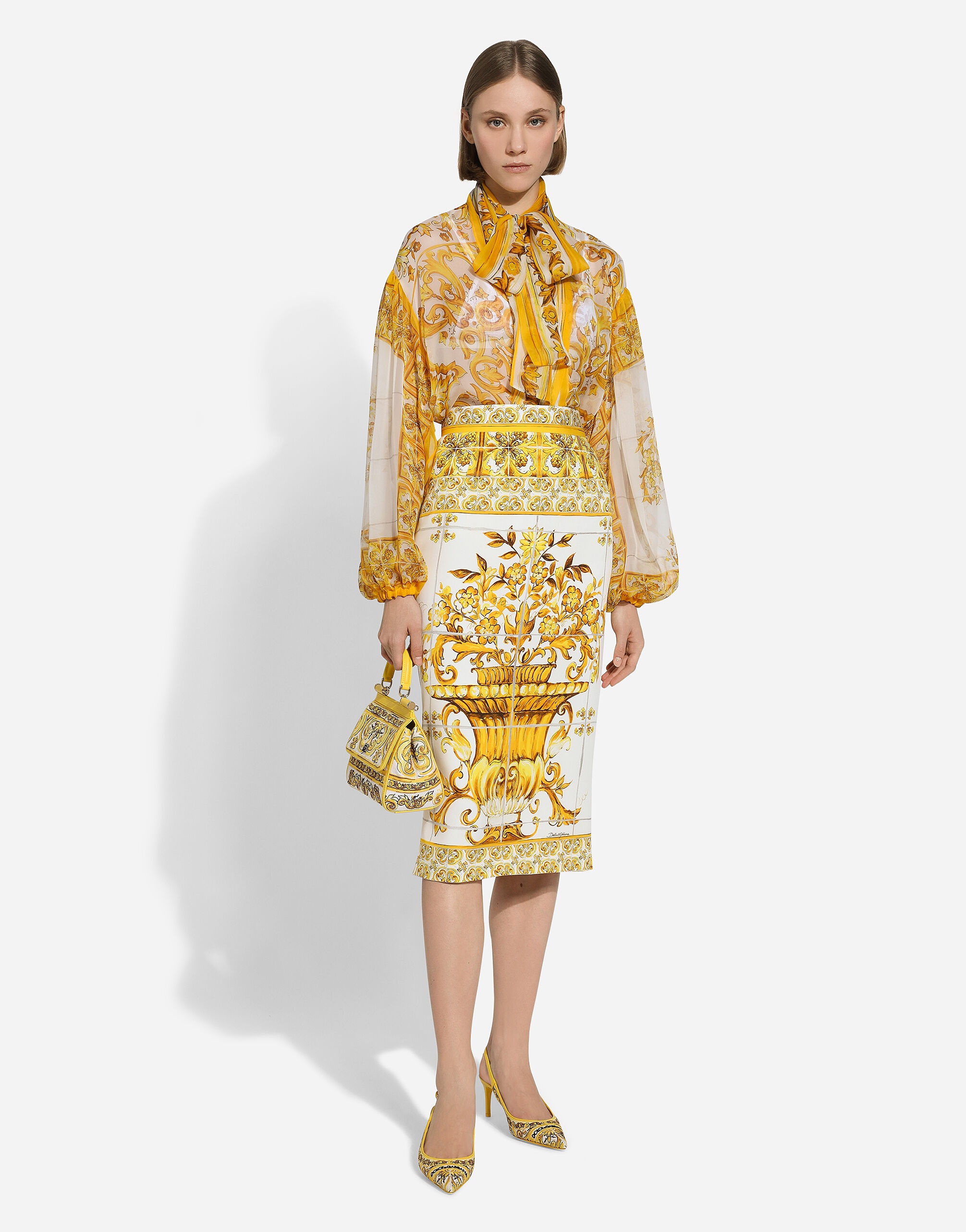 Majolica-print silk charmeuse calf-length skirt - 2