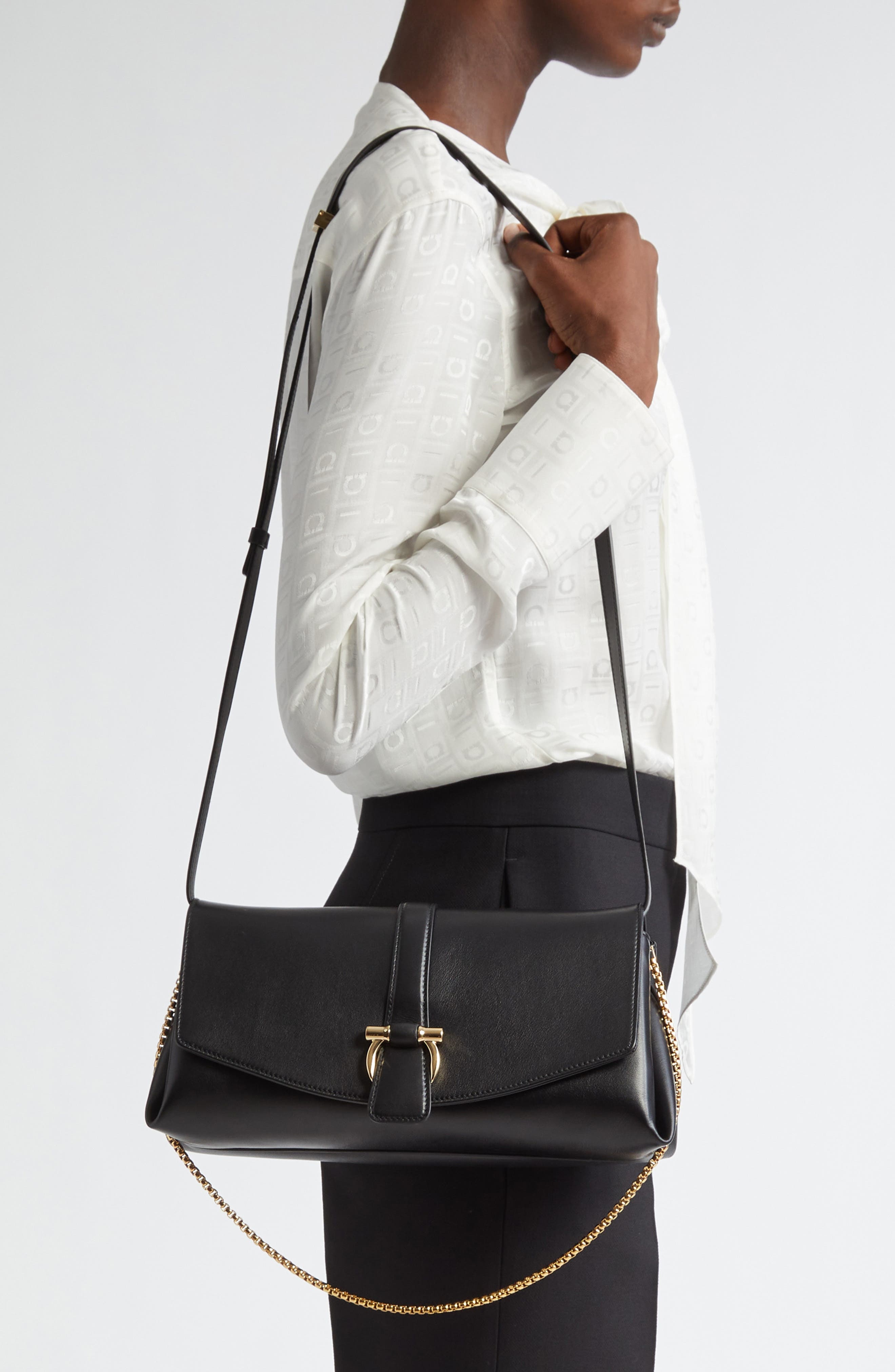 FERRAGAMO Medium Front Flap Leather Crossbody Bag in Nero at Nordstrom - 2