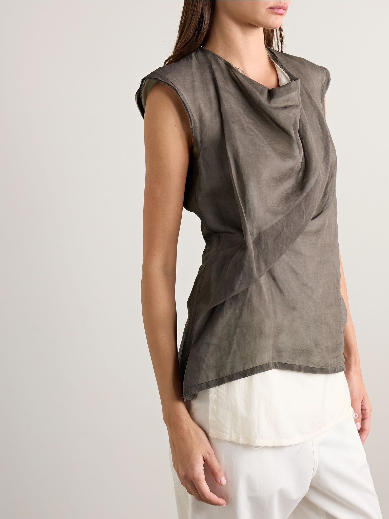 Inawa frayed layered draped cotton-voile tank Brass - 3