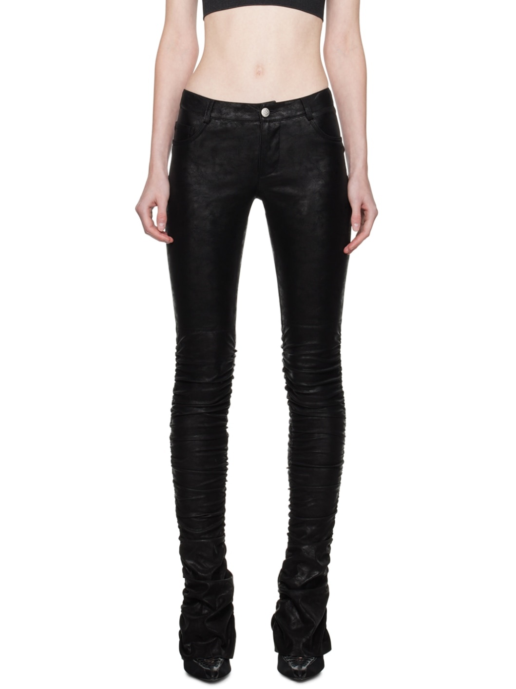 Black Ruched Faux-Leather Trousers - 1