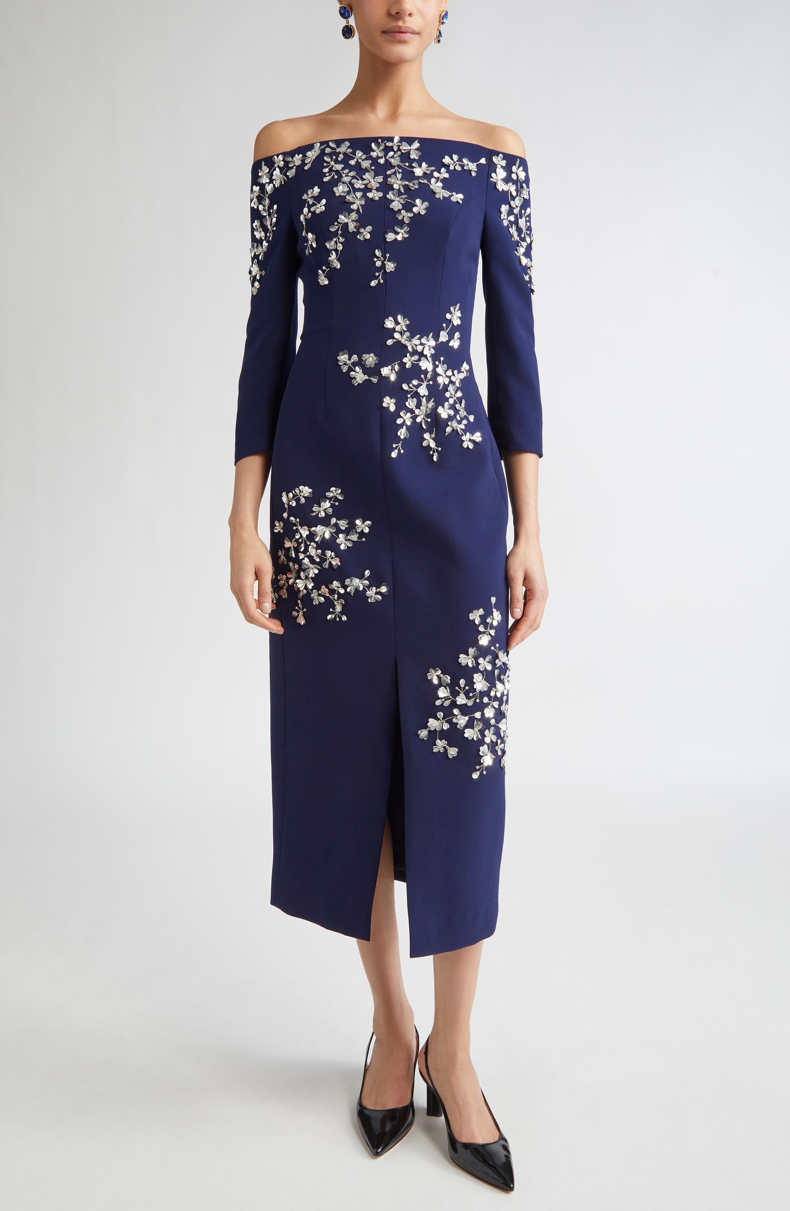 Carolina Herrera Floral Appliqué Off the Shoulder Stretch Crepe Midi Dress in Midnight at Nordstrom - 1