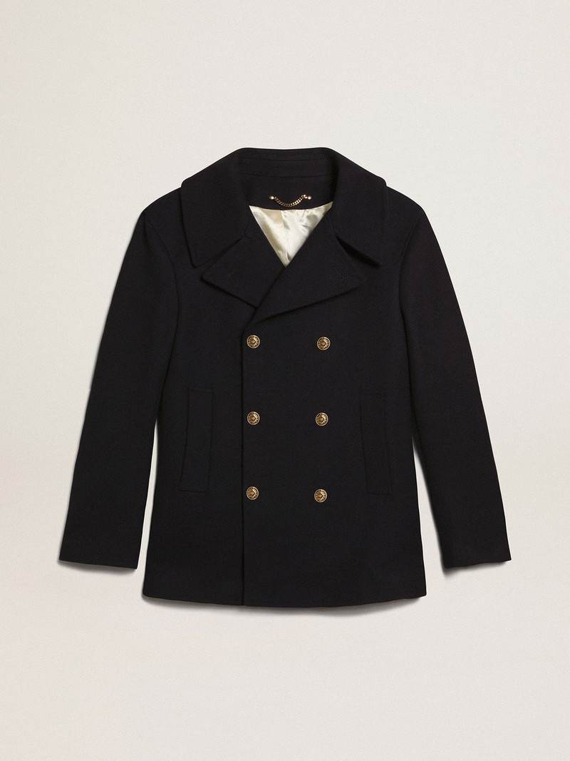Men's double-breasted coat in dark blue wool with gold buttons 1