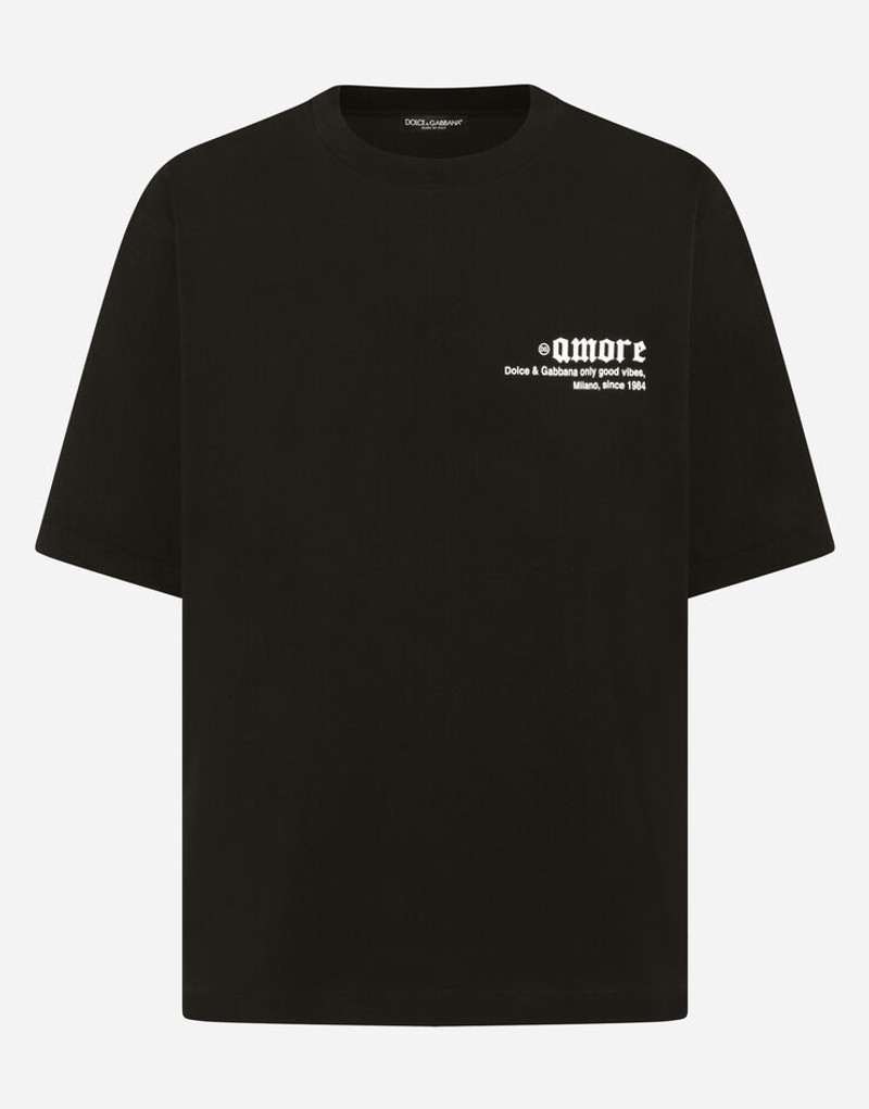 Printed cotton T-shirt with frayed patch 1