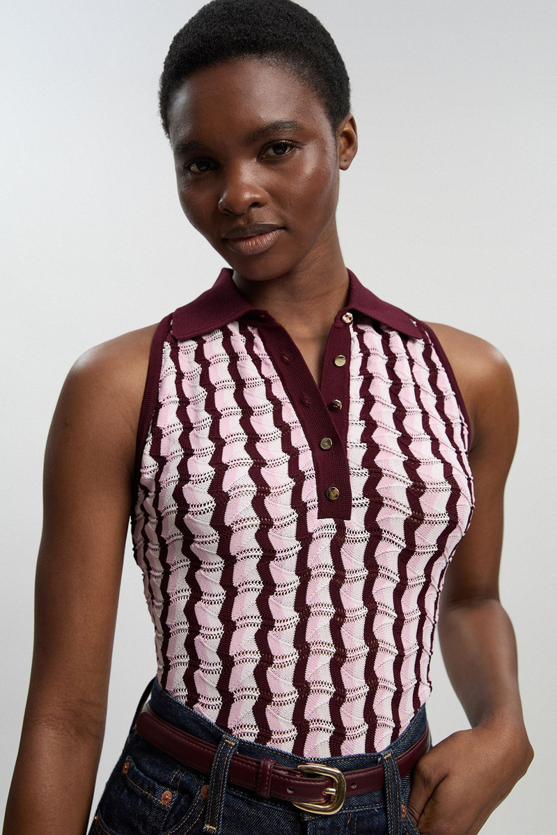 KAREN MILLEN Knit Contrast Collar Pointelle Sleeveless Midi Top outlook