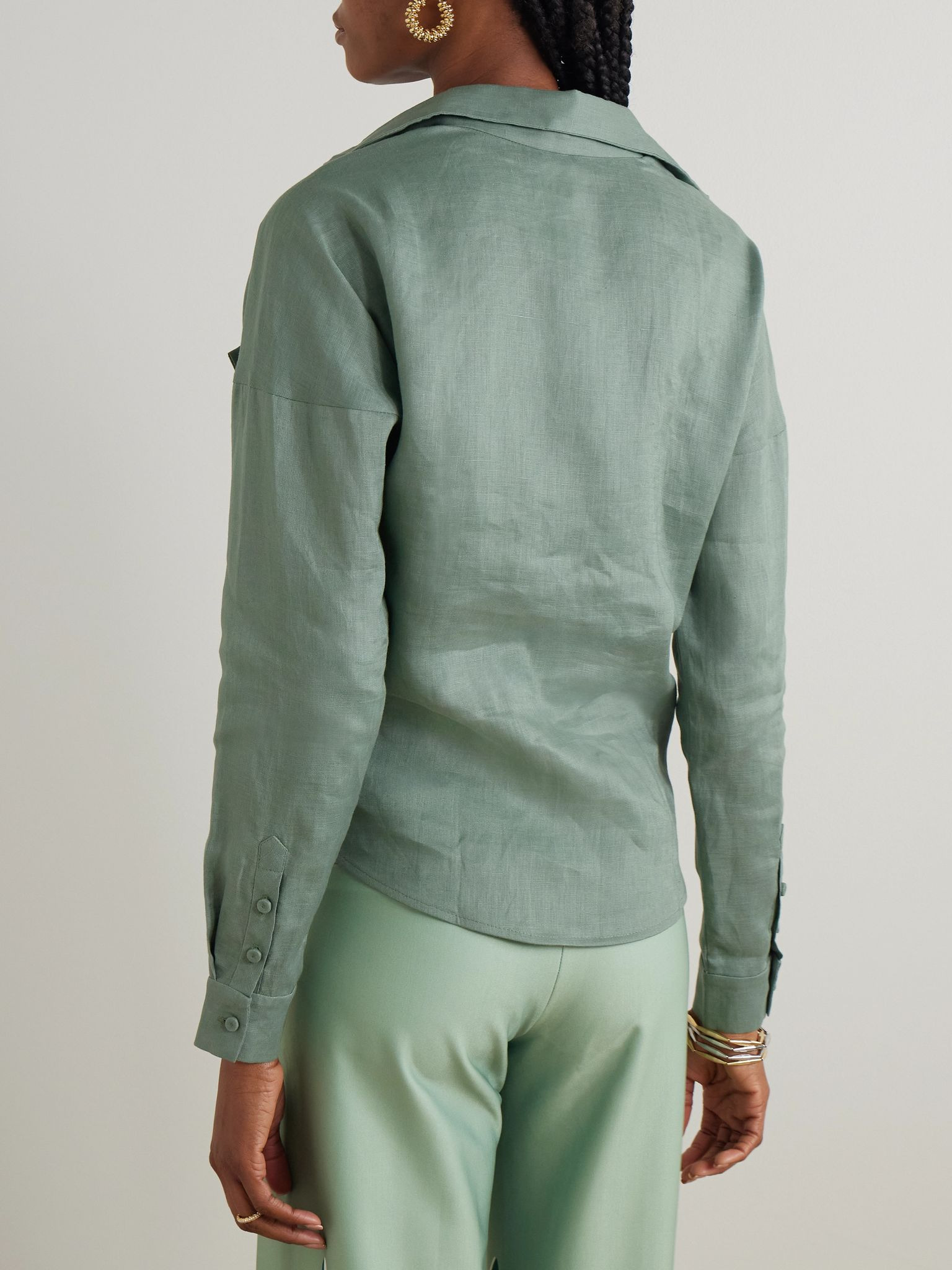 Reflejos tie-front linen shirt Sage green - 3