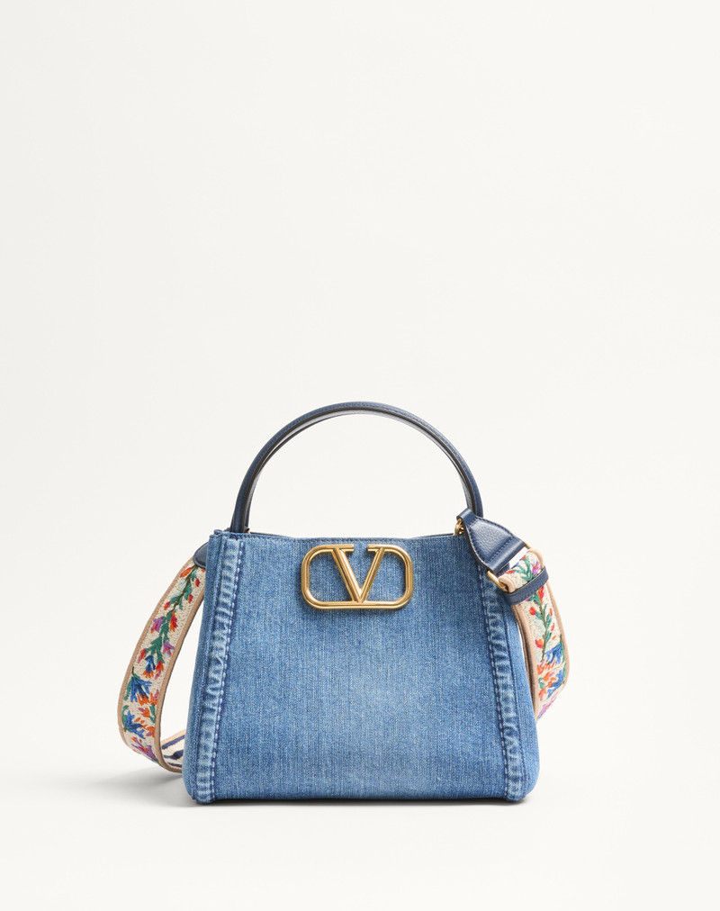 VALENTINO GARAVANI ALLTIME MEDIUM HANDBAG IN DENIM WITH EMBROIDERED STRAP 1
