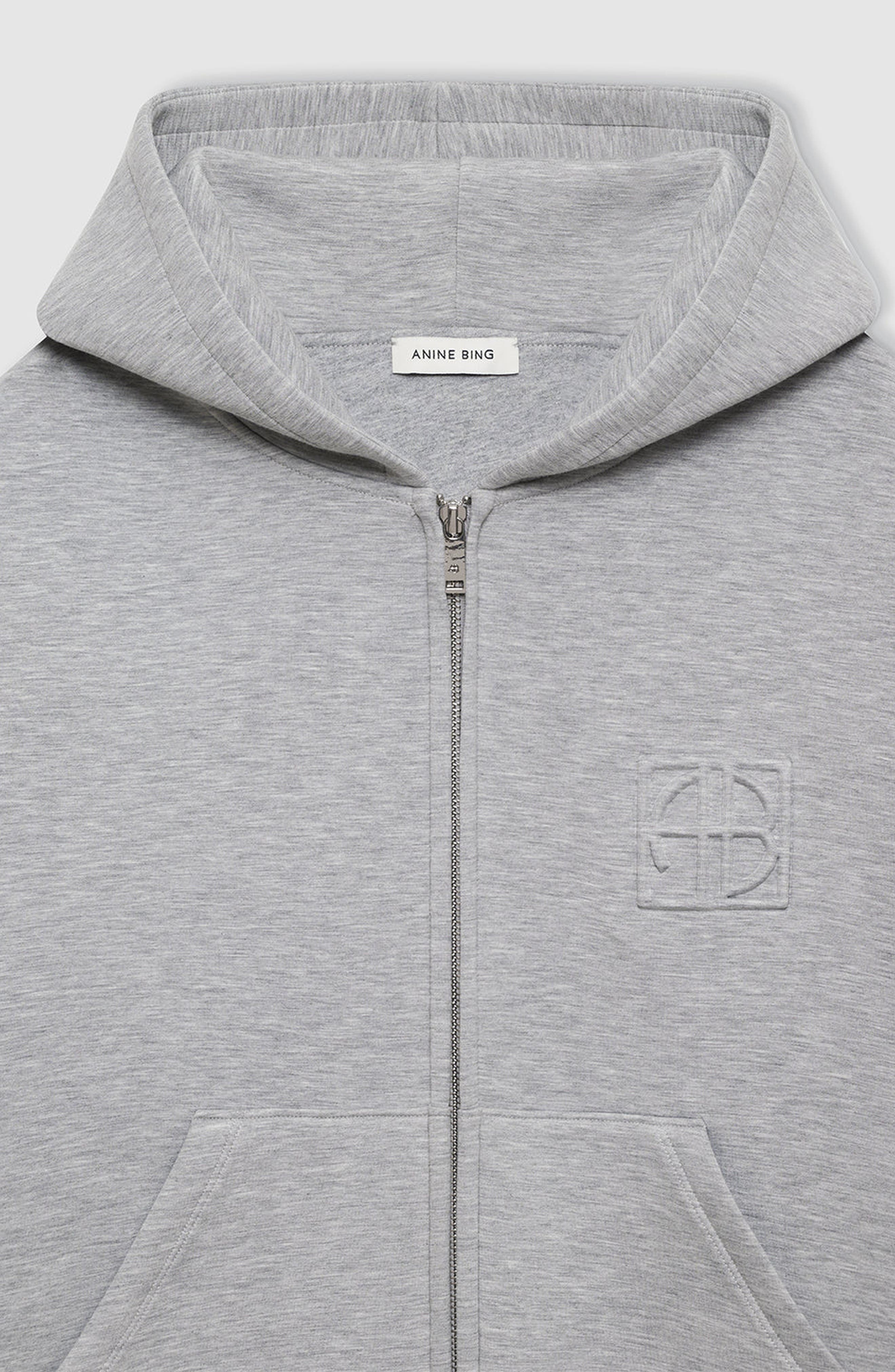 ANINE BING Bond Zip Up Hoodie with Framed Monogram in Heather Grey at Nordstrom - 4