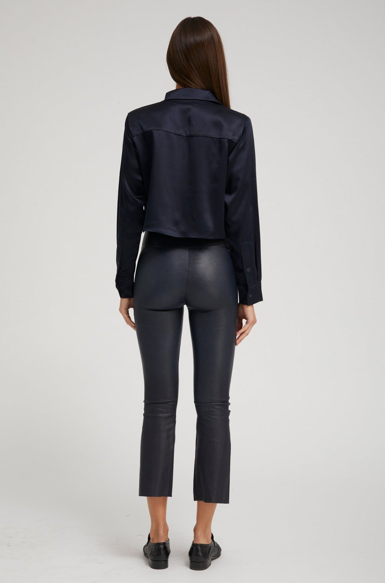 NAVY SILK CROPPED BUTTON DOWN - 4