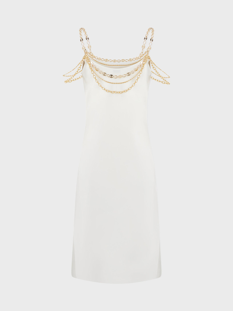 LIGHT PLEATED WHITE DRESS EMBELLISHED WITH "EIGHT" SIGNATURE CHAIN - 1