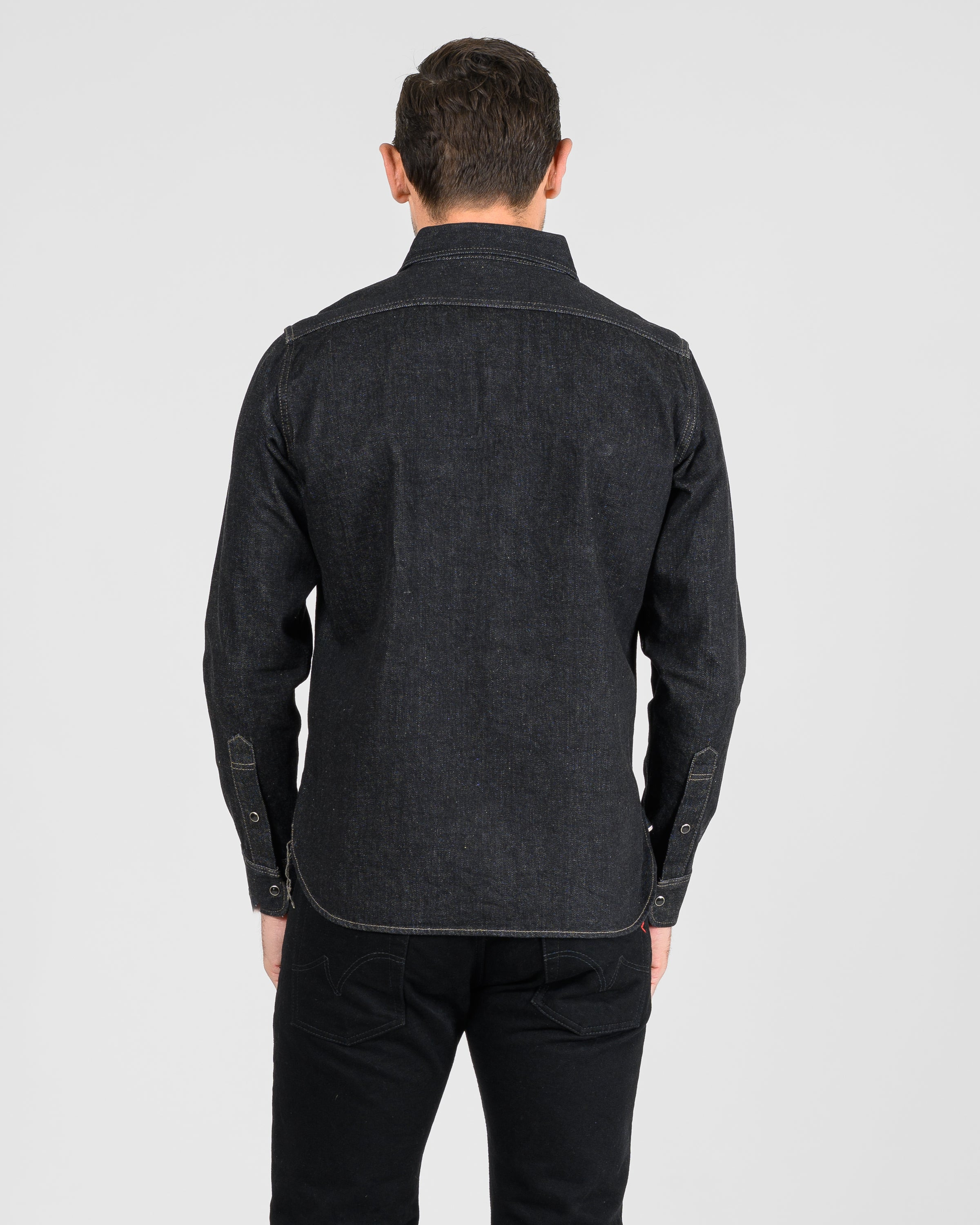 IHSH-326-BLK 12oz Selvedge Denim Work Shirt With Snaps - Black/Cream - 10