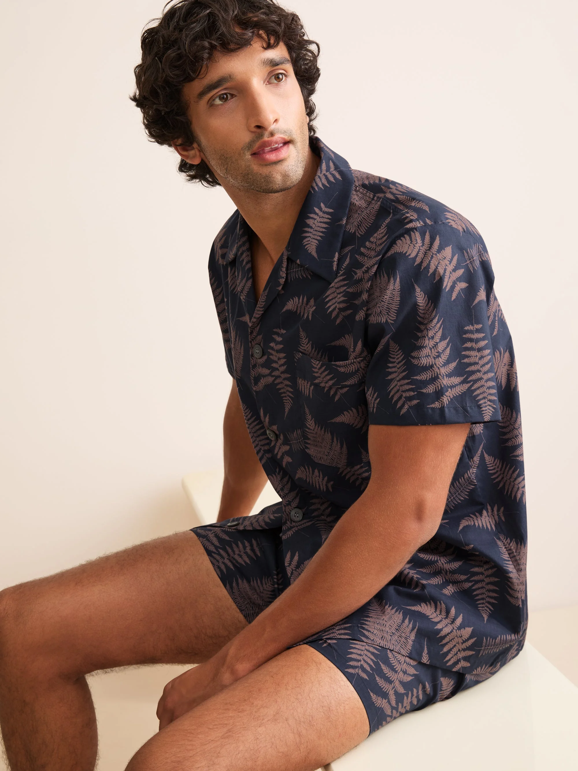 Ledbury Cotton Batiste Short Pajamas Navy & Pink Fern - 1