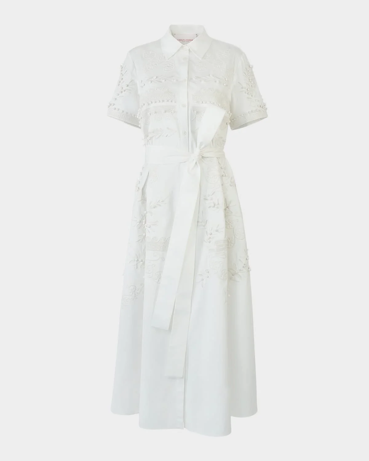 Grecian Embroidered Short-Sleeve Midi Shirtdress With Belt - 1