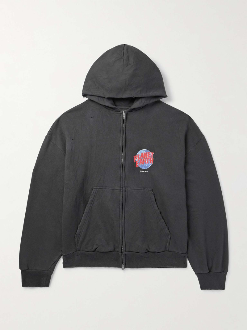 Distressed Logo-Print Cotton-Jersey Zip-Up Hoodie - 1