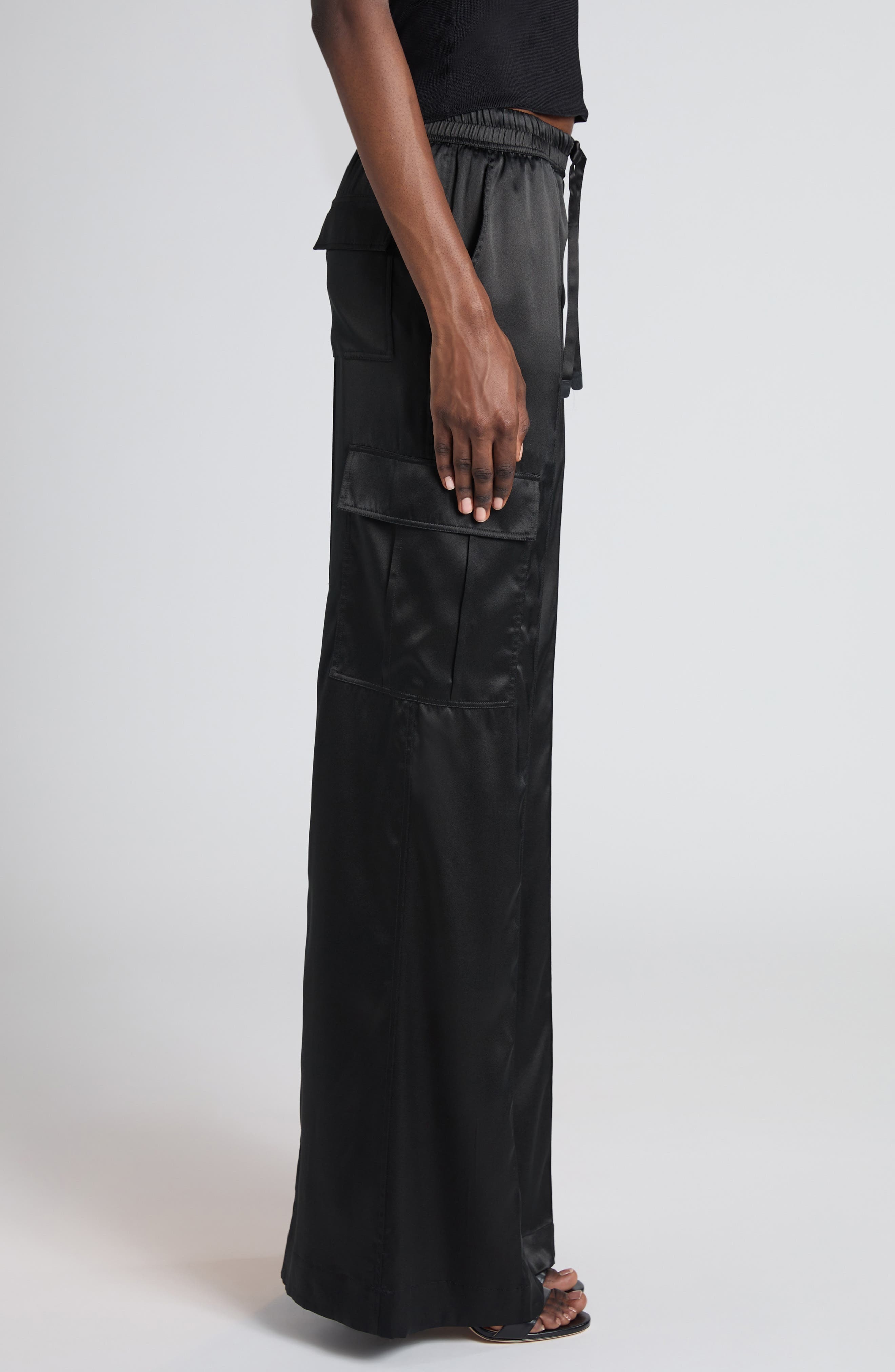TOM FORD Stretch Silk Satin Flare Leg Cargo Pajama Pants in Black at Nordstrom - 4