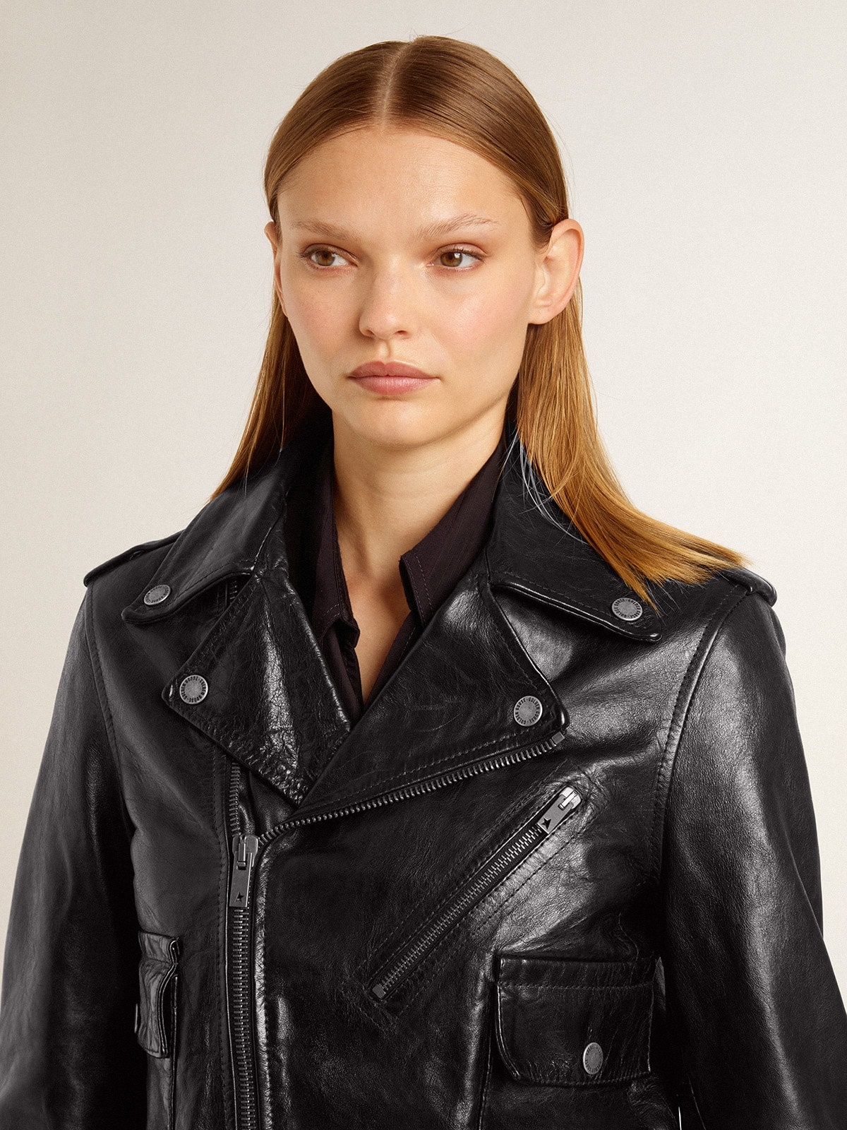 Women's black leather biker jacket with glossy effect - 6
