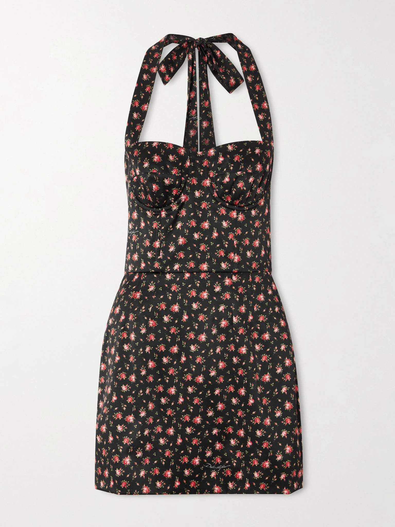 Floral-print silk-blend satin halterneck mini dress Black - 1