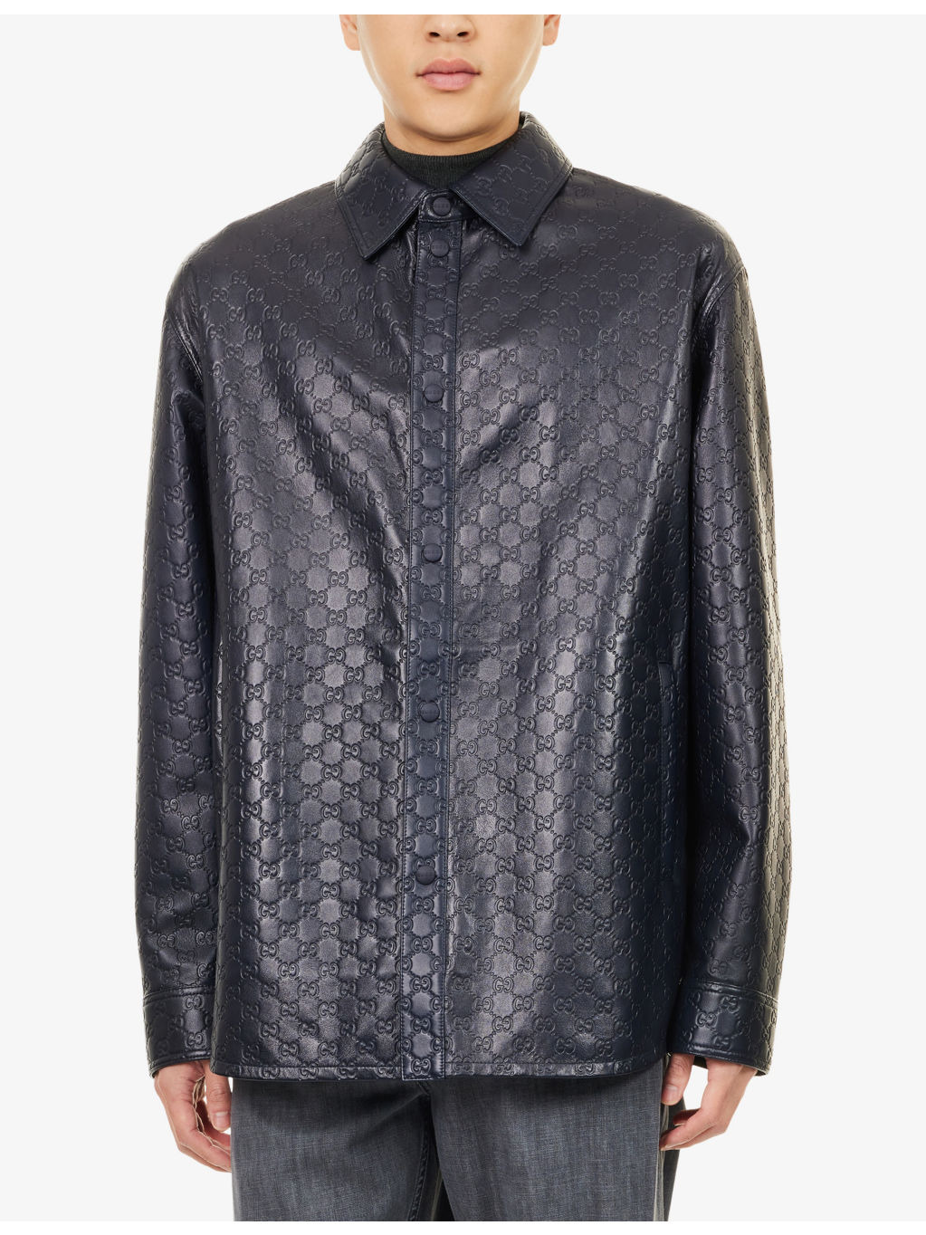 Embossed Monogram-Pattern Long-Sleeve Faux-Leather Shirt - 3