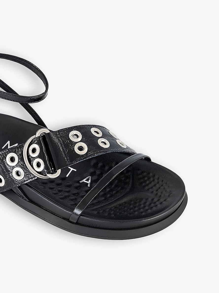 Zilda asymmetric-eyelet strap patent-leather sandals - 5