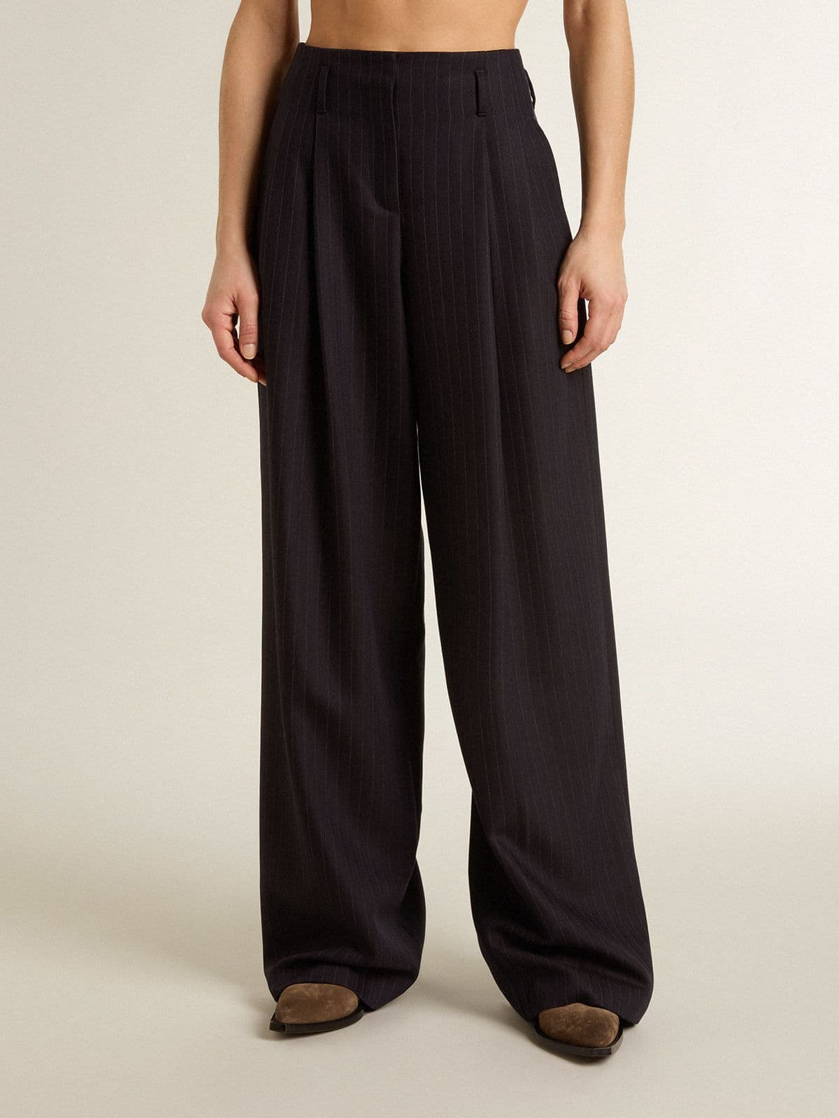 Women’s dark blue tailored trousers with vertical stripe - 2
