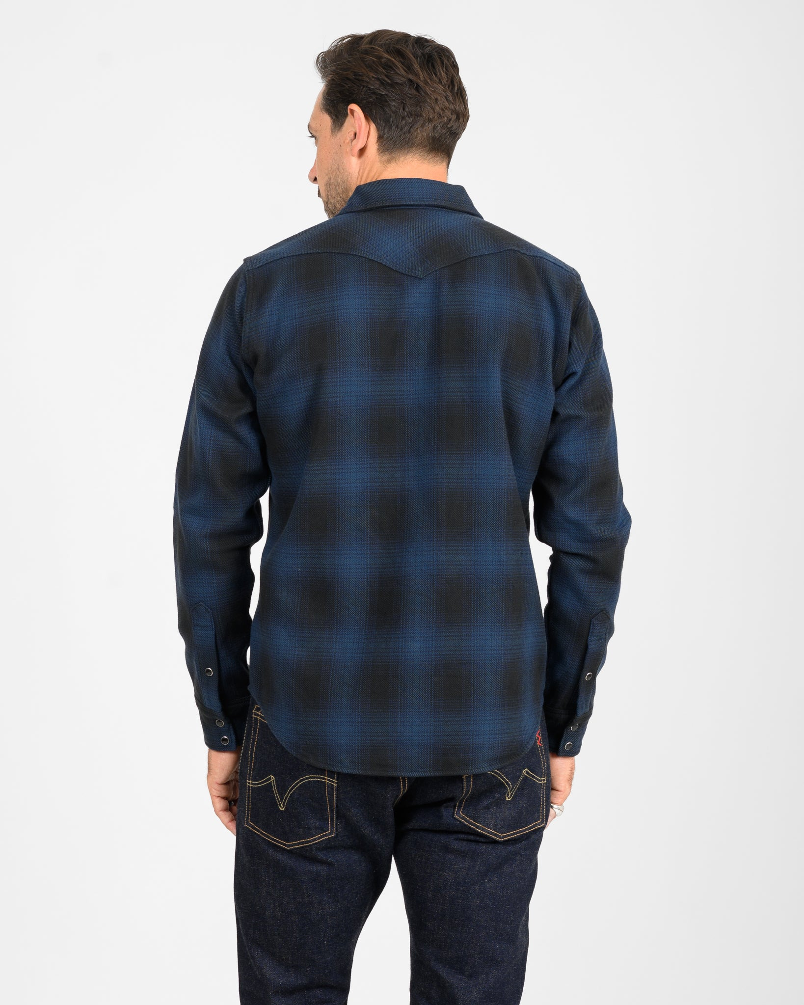 IHSH-264-NAV Ultra Heavy Flannel Ombré Check Western Shirt - Navy/Black - 10