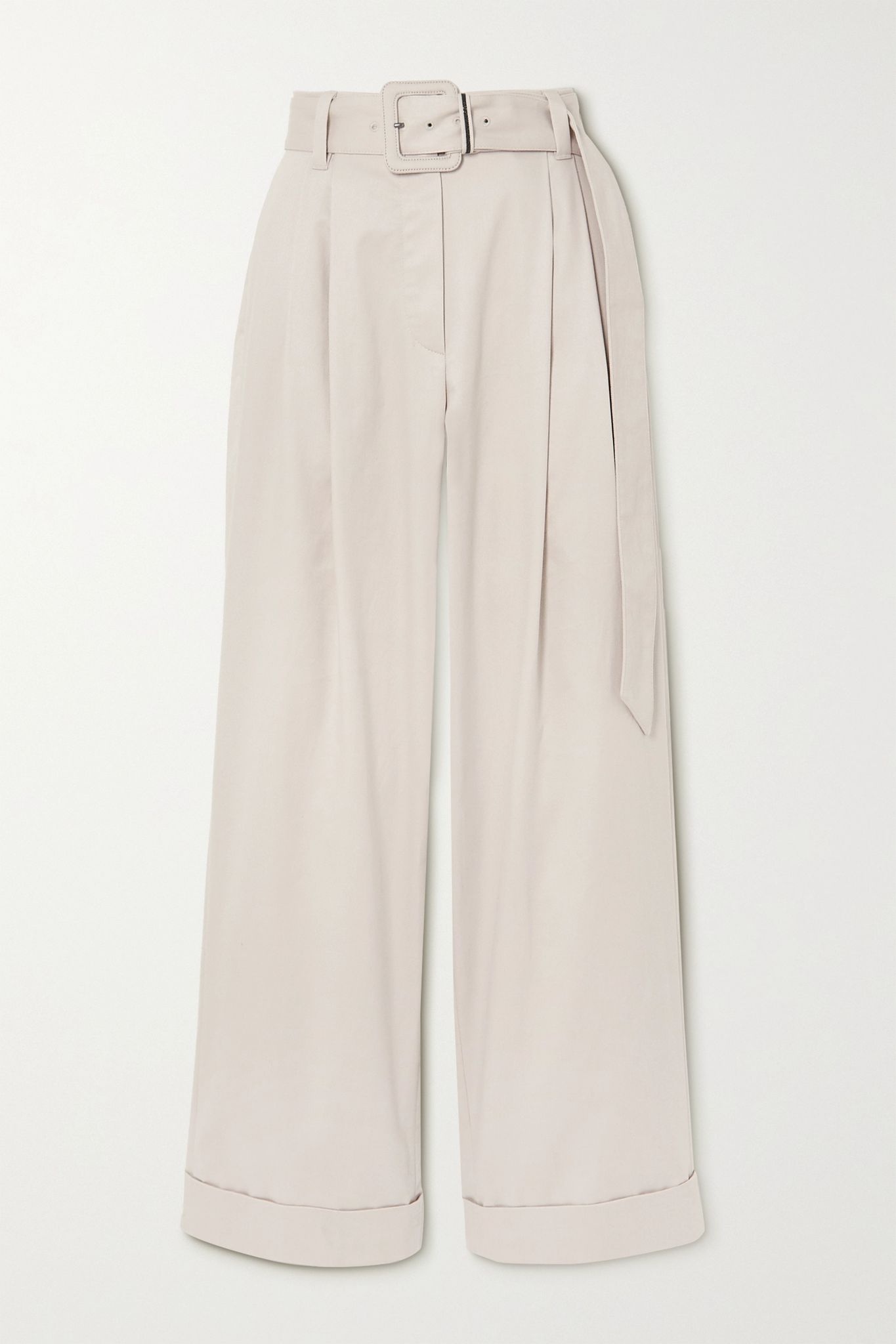 Belted bead-embellished pleated cotton-blend twill wide-leg pants  - 1