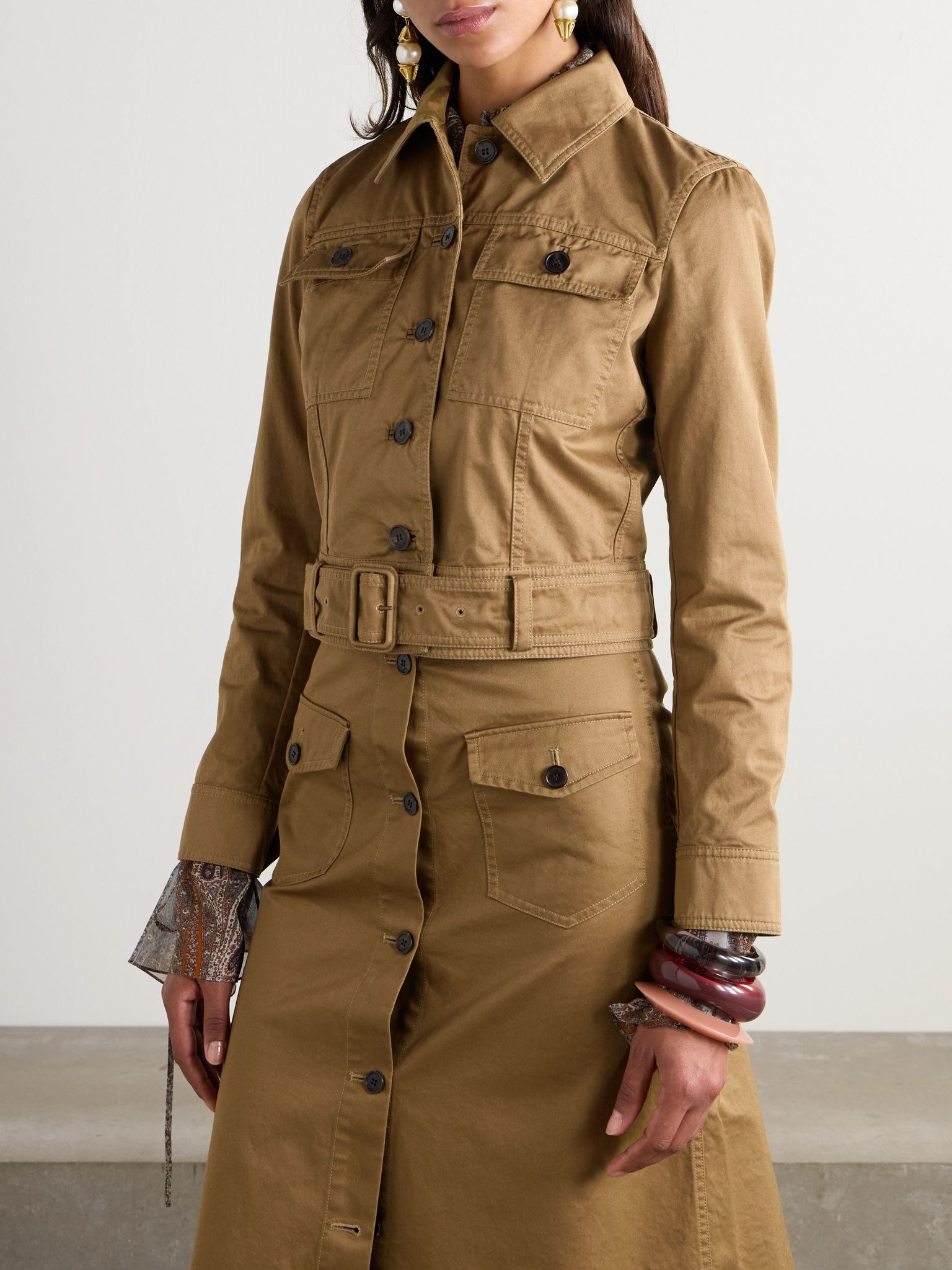 Cropped belted organic cotton-twill jacket Sand - 3