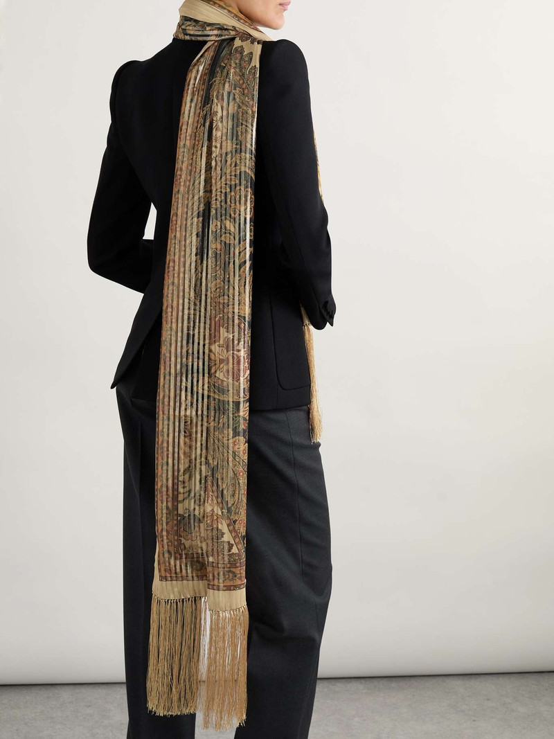 Valentino Fringed plissé printed metallic silk-blend scarf Beige outlook