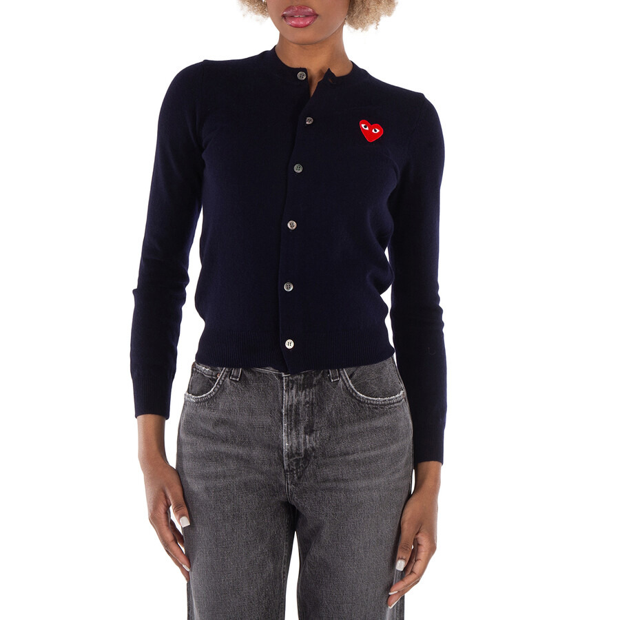Comme Des Garcons Ladies Heart Logo Cardigan In Navy - 3