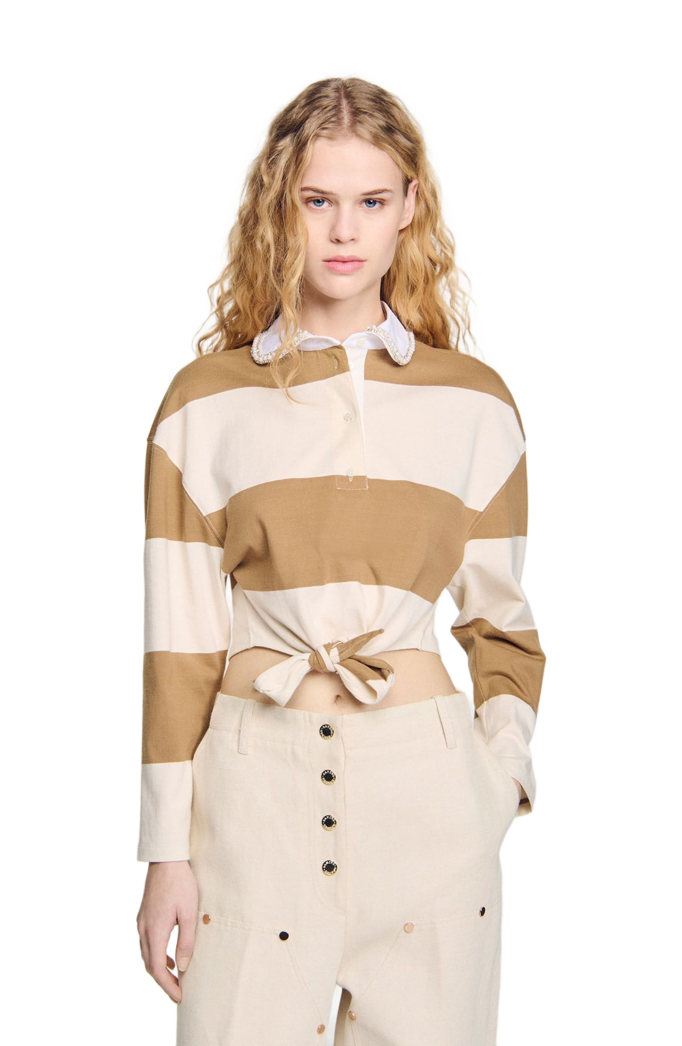 SANDRO Striped polo-neck T-shirt in Beige at Nordstrom - 1
