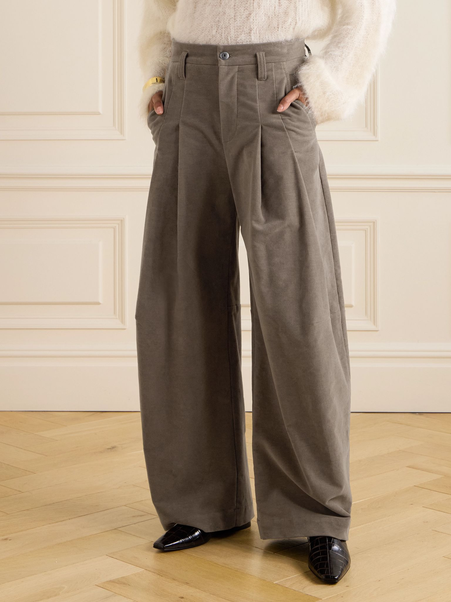 Pleated brushed cotton-blend wide-leg pants Brown - 3