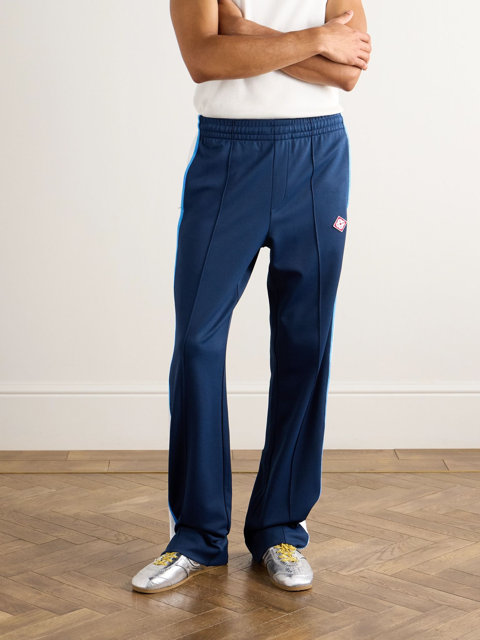 Straight-Leg Logo-Appliquéd Striped Piqué Track Pants Navy - 3